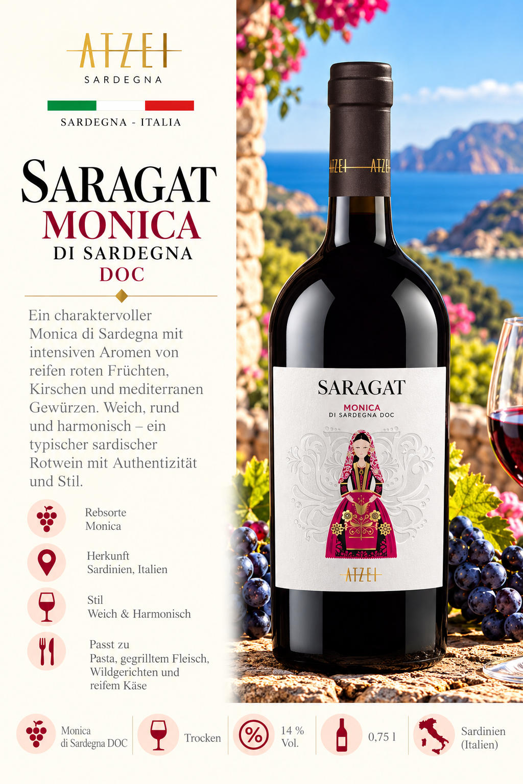 Rotwein, Saragot Monica, Di Sardegna, Doc, Flasche