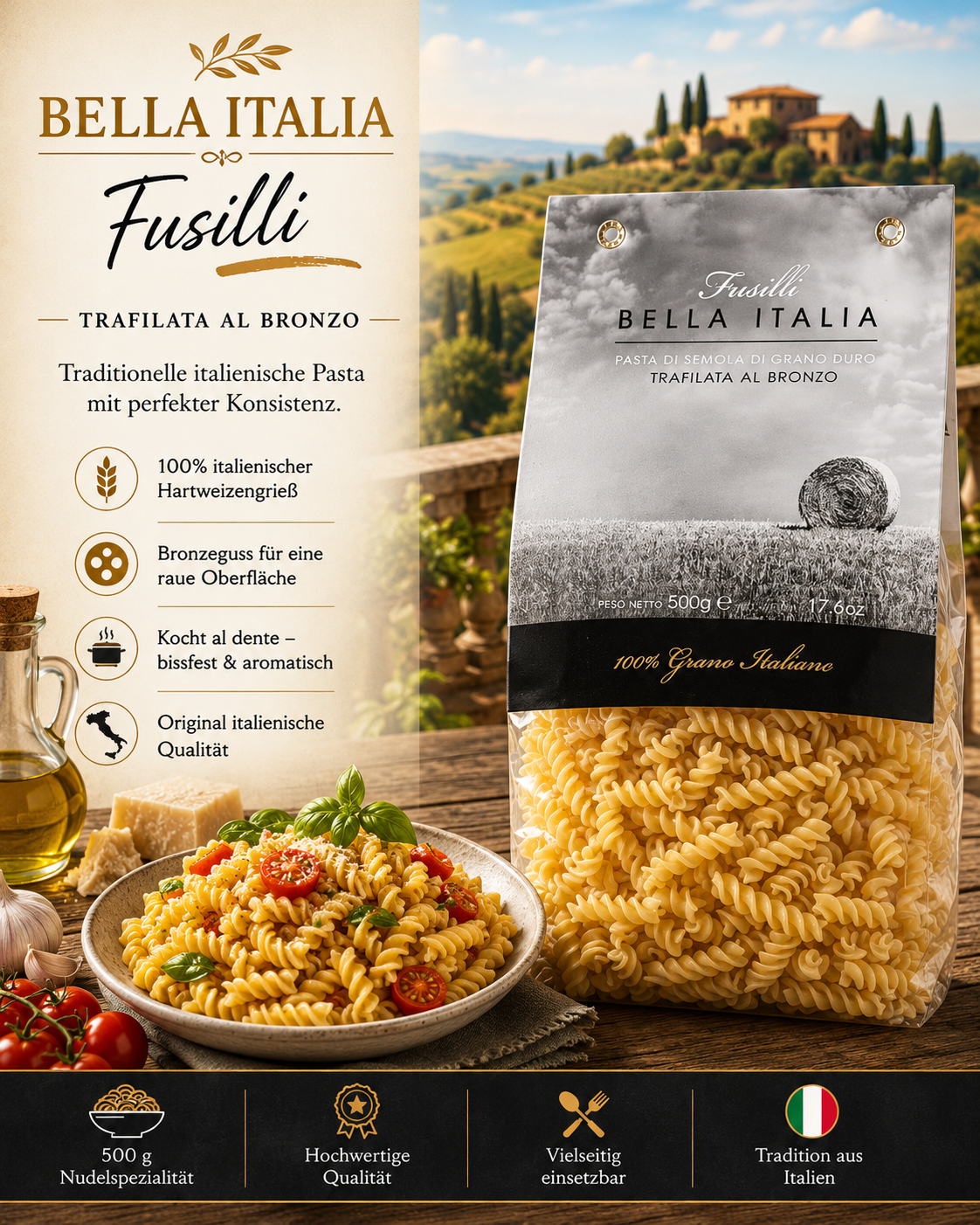 Pasta, Fusilli, Hartweizen, Bronzefigur, Italienische Qualität