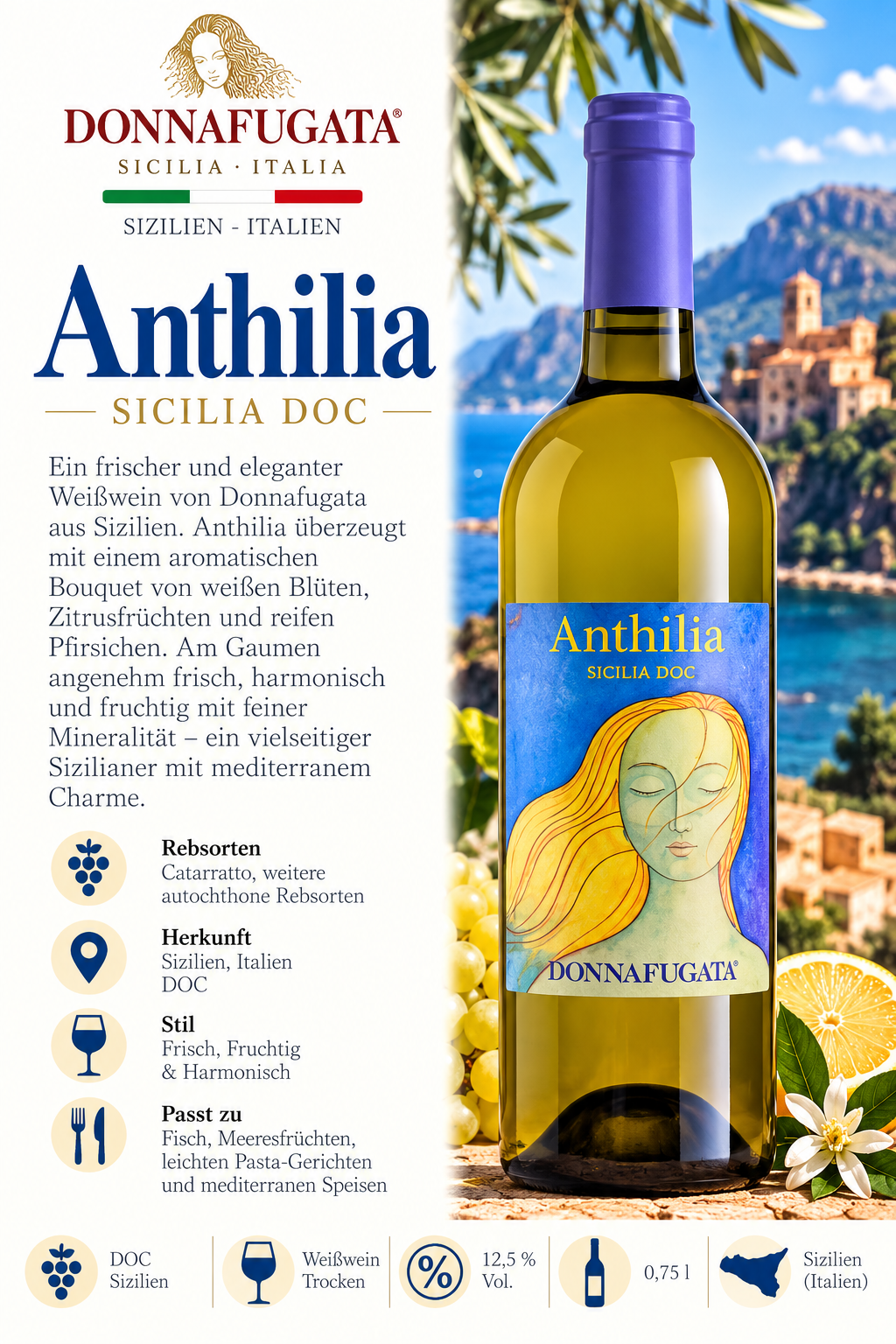 Weißwein, Antilia, DOC, Sizilianische Weinflasche, Gelb-Blue Label