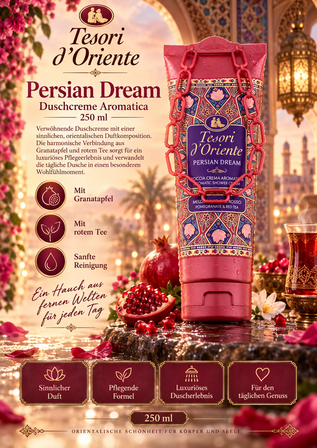 Persian Dream, Duschcreme Aromatica, 250 ml, Duschgel, Granatapfel, Roter Tee, Lotus-Symbol, aufwändig verpackt, Luxuriös, Orientalisches Design