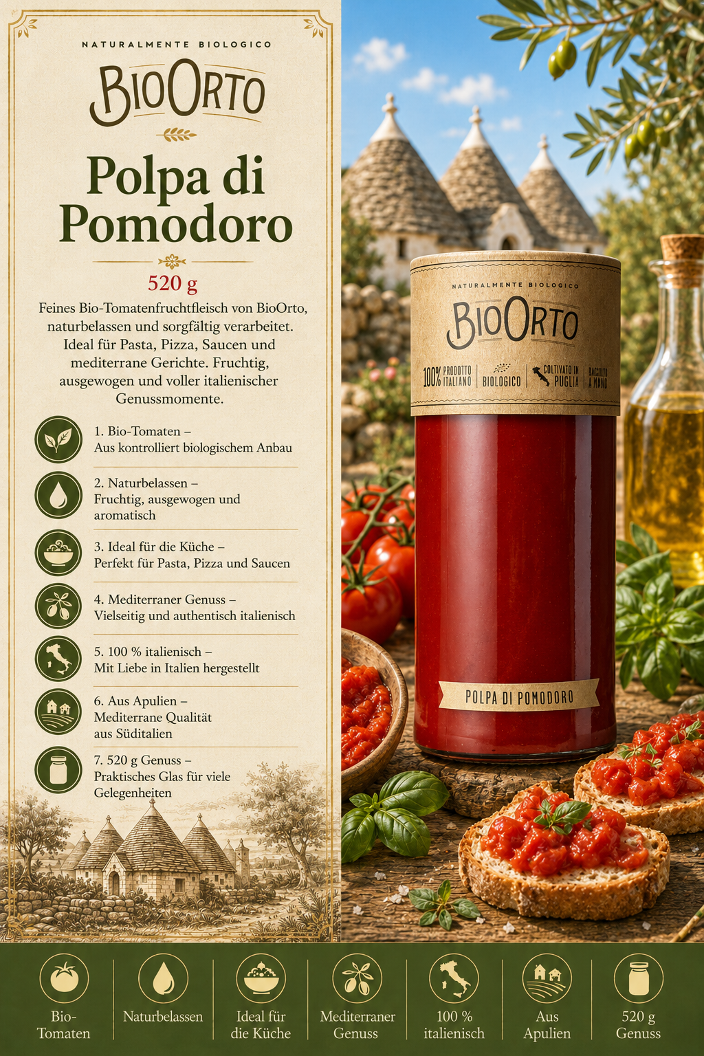 Tomatenspurée, Tomate concassée, Glasbehälter, Bio Orto, Produkt 520 g