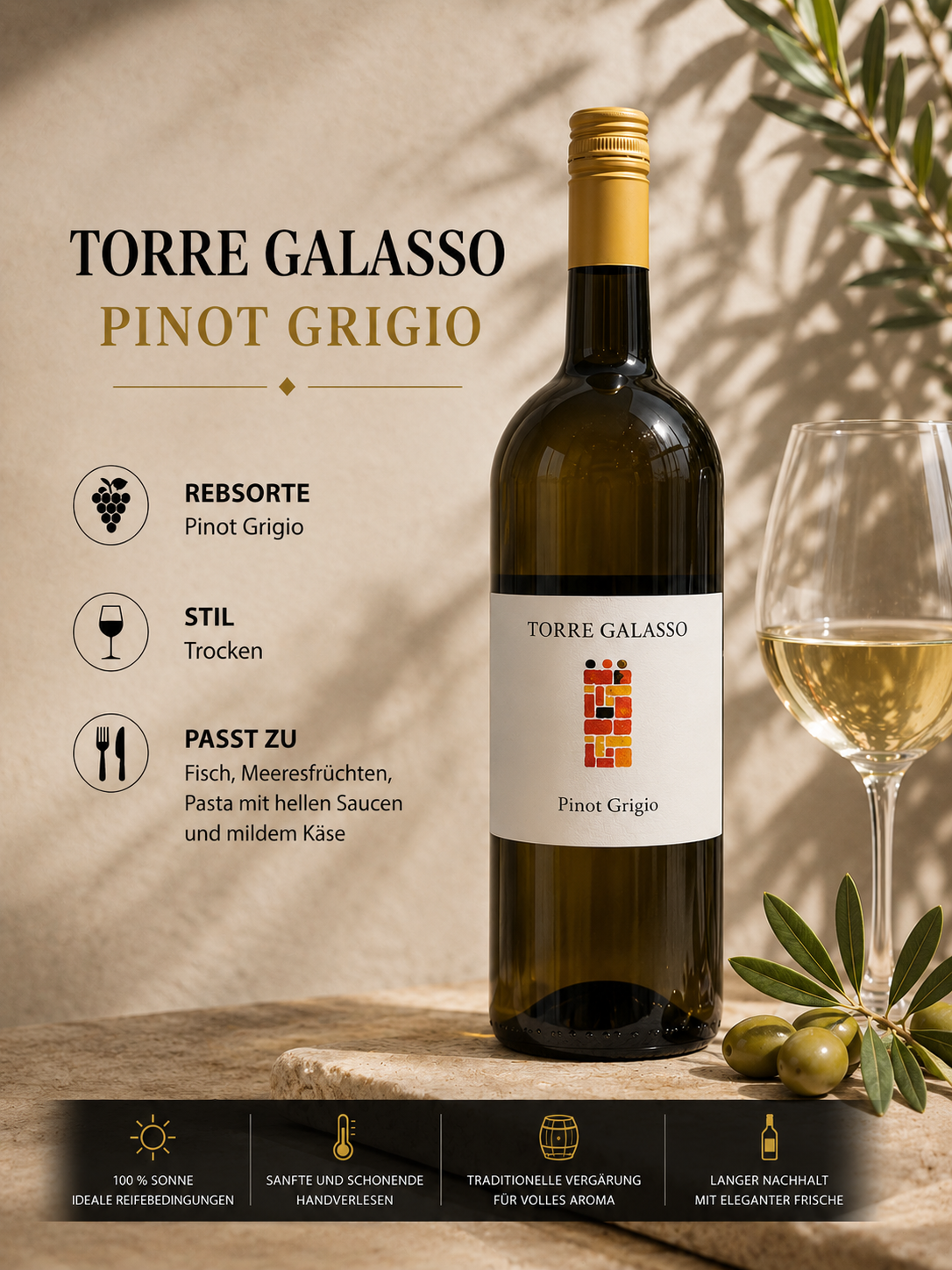 wein, pinot grigio, weißer wein, flasche, olivenblätter