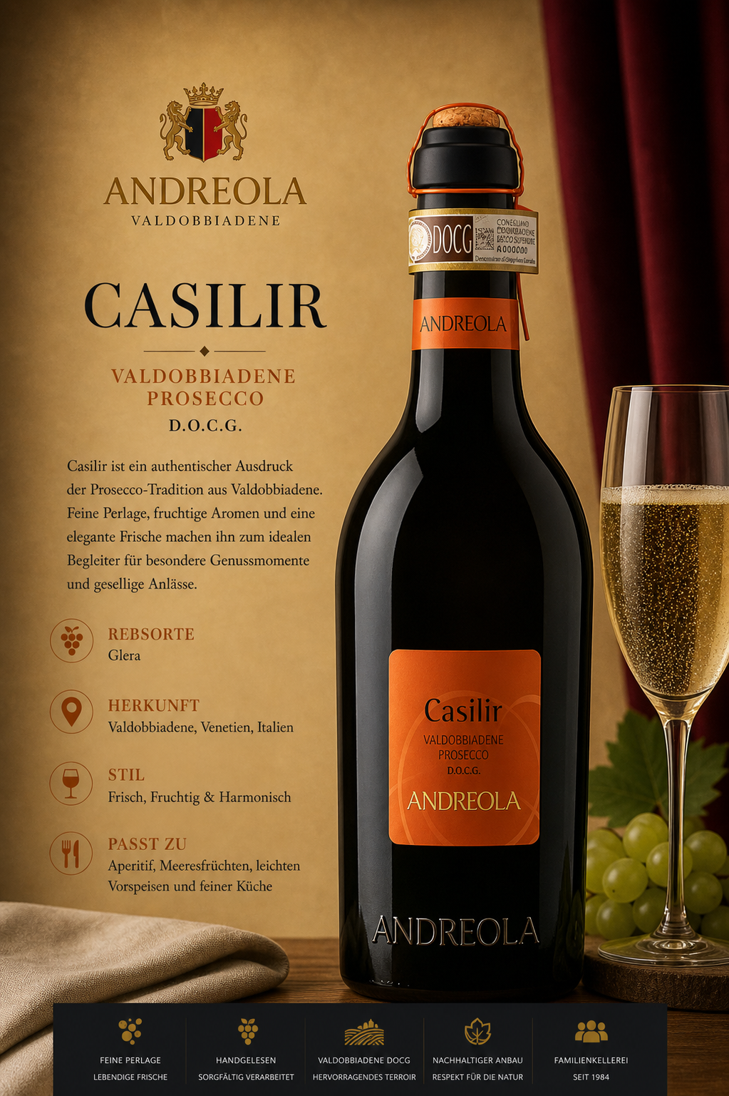 Prosecco, champagne, Weinflasche, Glas, Etikett orange