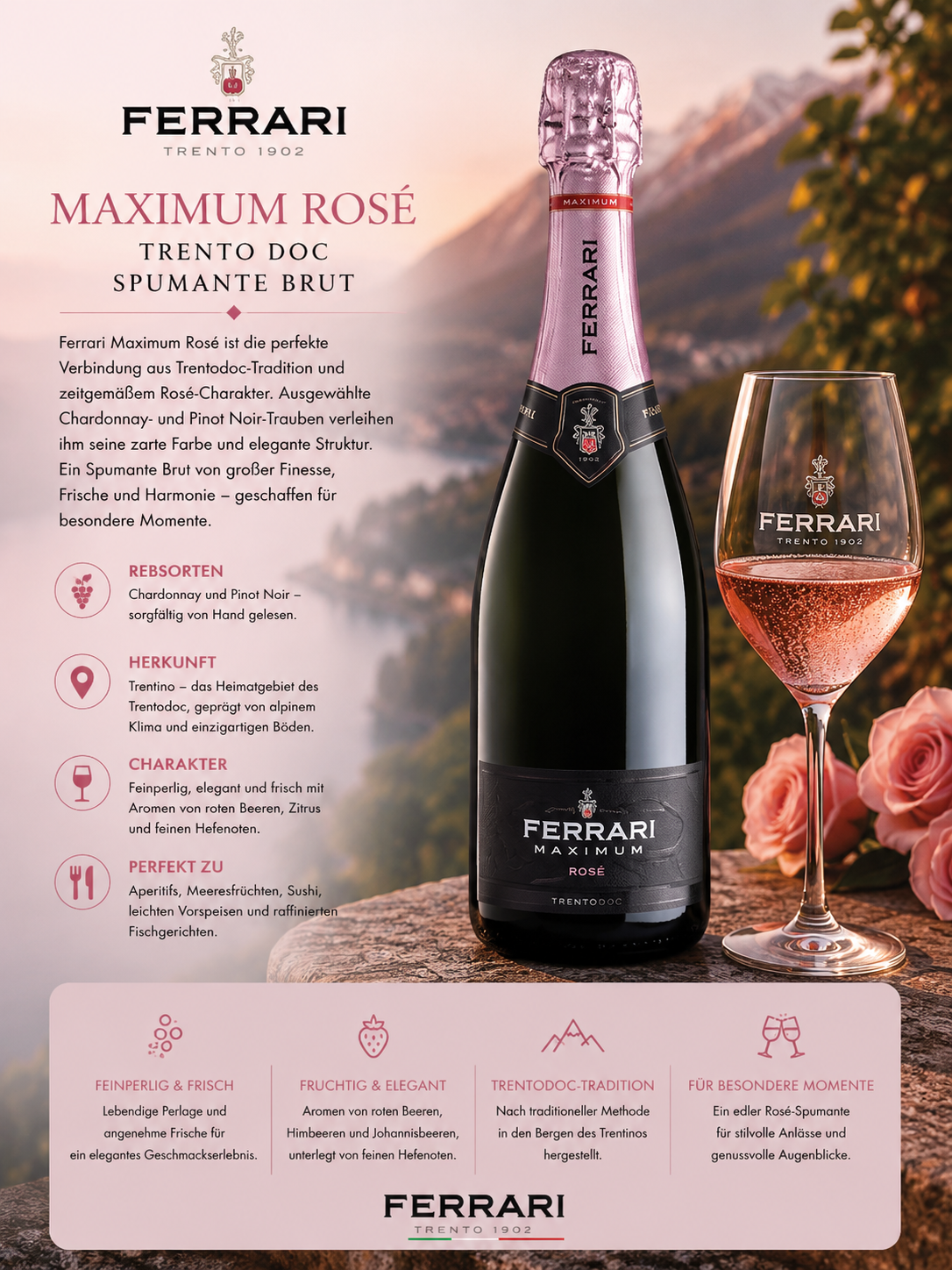 Sektflasche, Rosé, Champagner-Stil, Trento DOC, Flasche