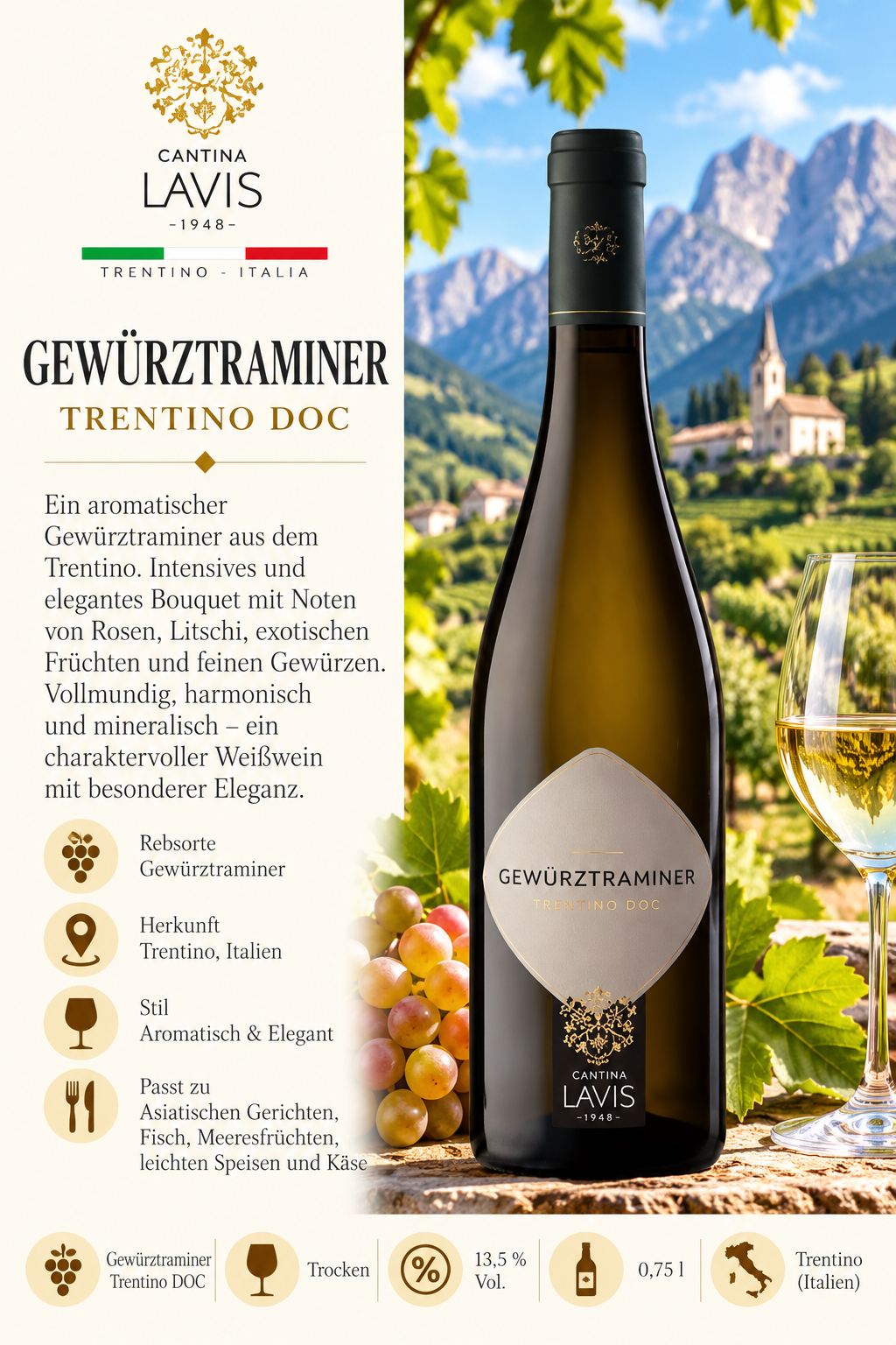 Gewürztraminer, Trentino DOC, Weißwein, Italien, Flasche