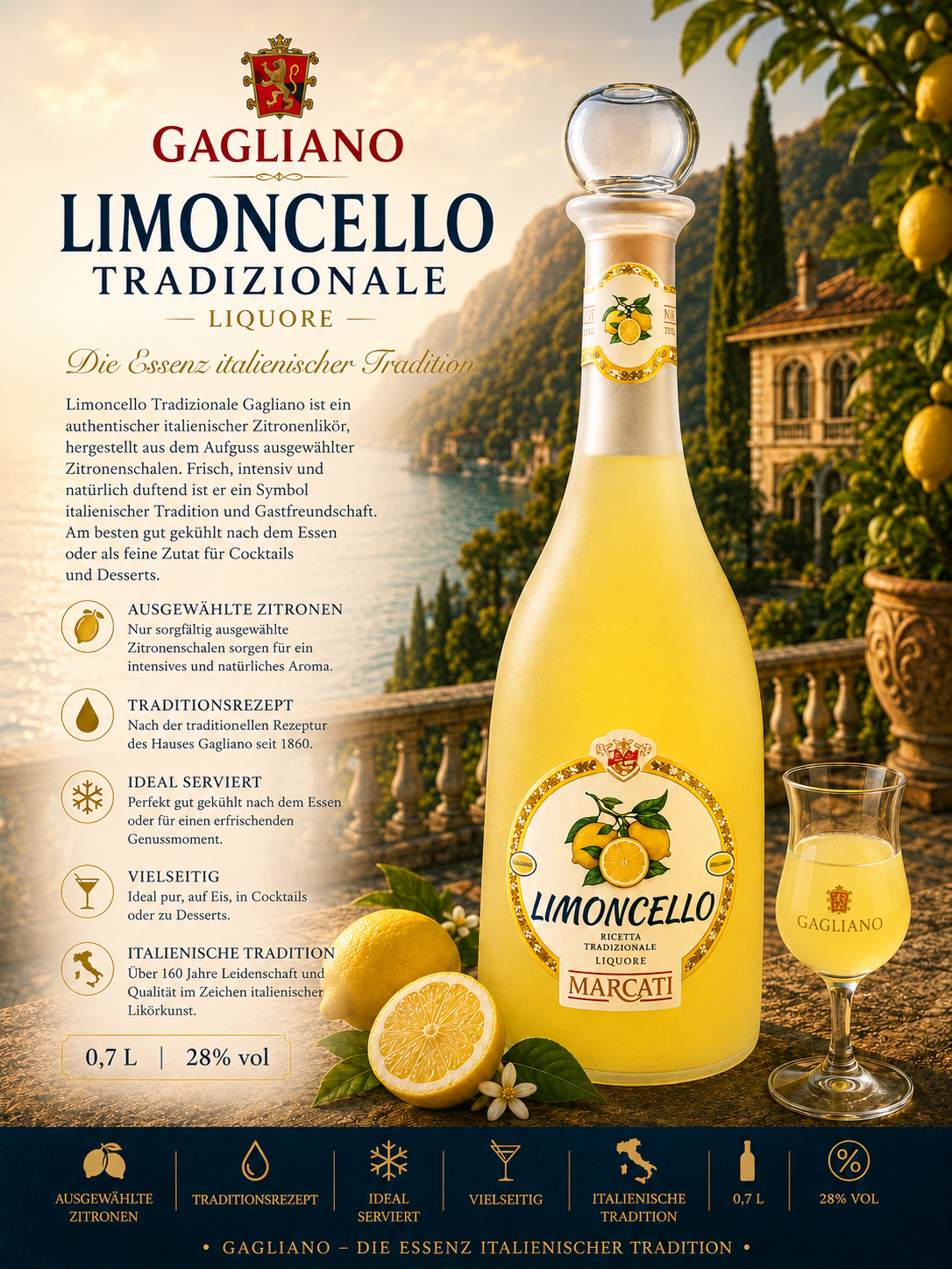 Limocello, Likör, Flasche, Zitrone, Glas