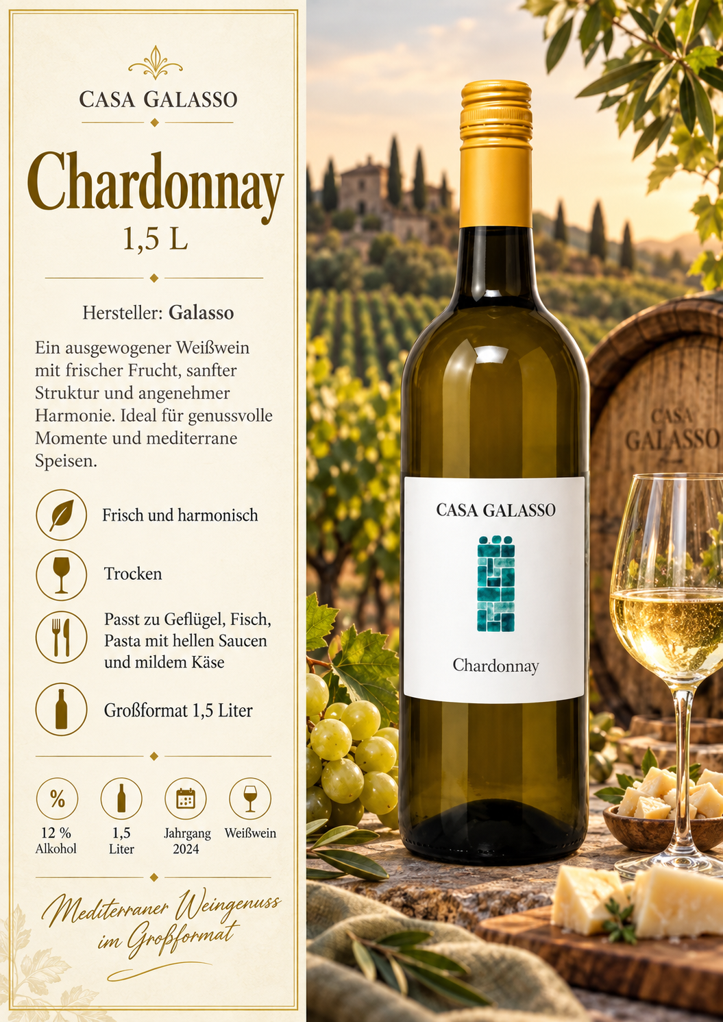 Chardonnay, Weinflasche, Weißwein, 1,5 L, Casa Galasso