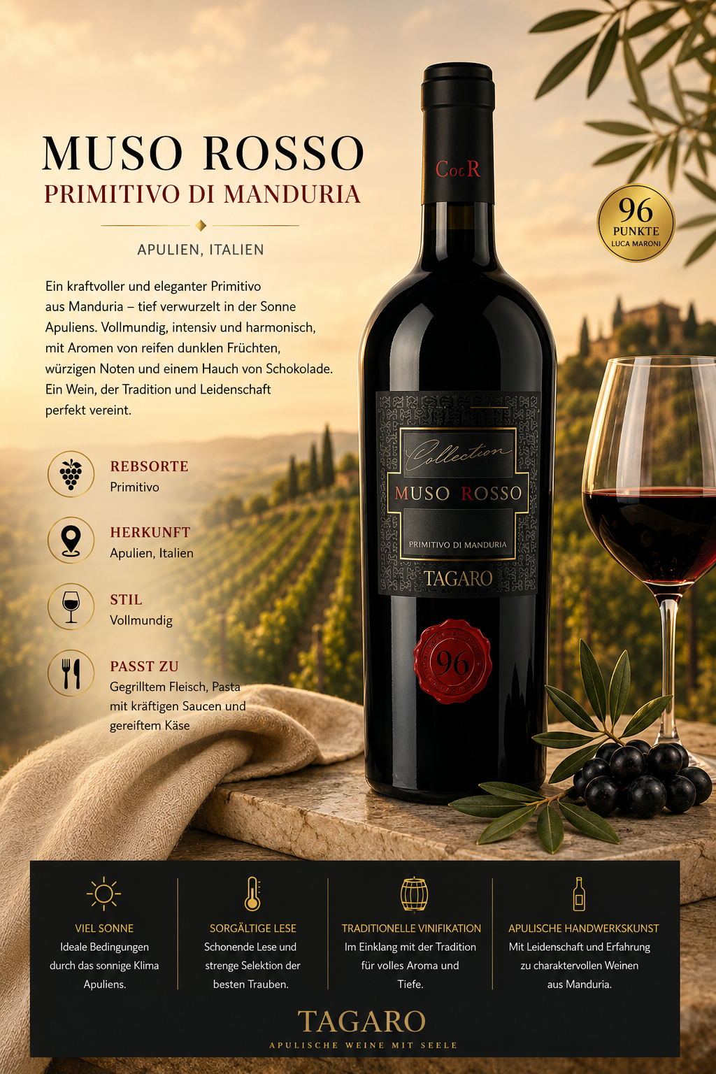 Wein, Rotwein, Flasche, Manduria, Italien