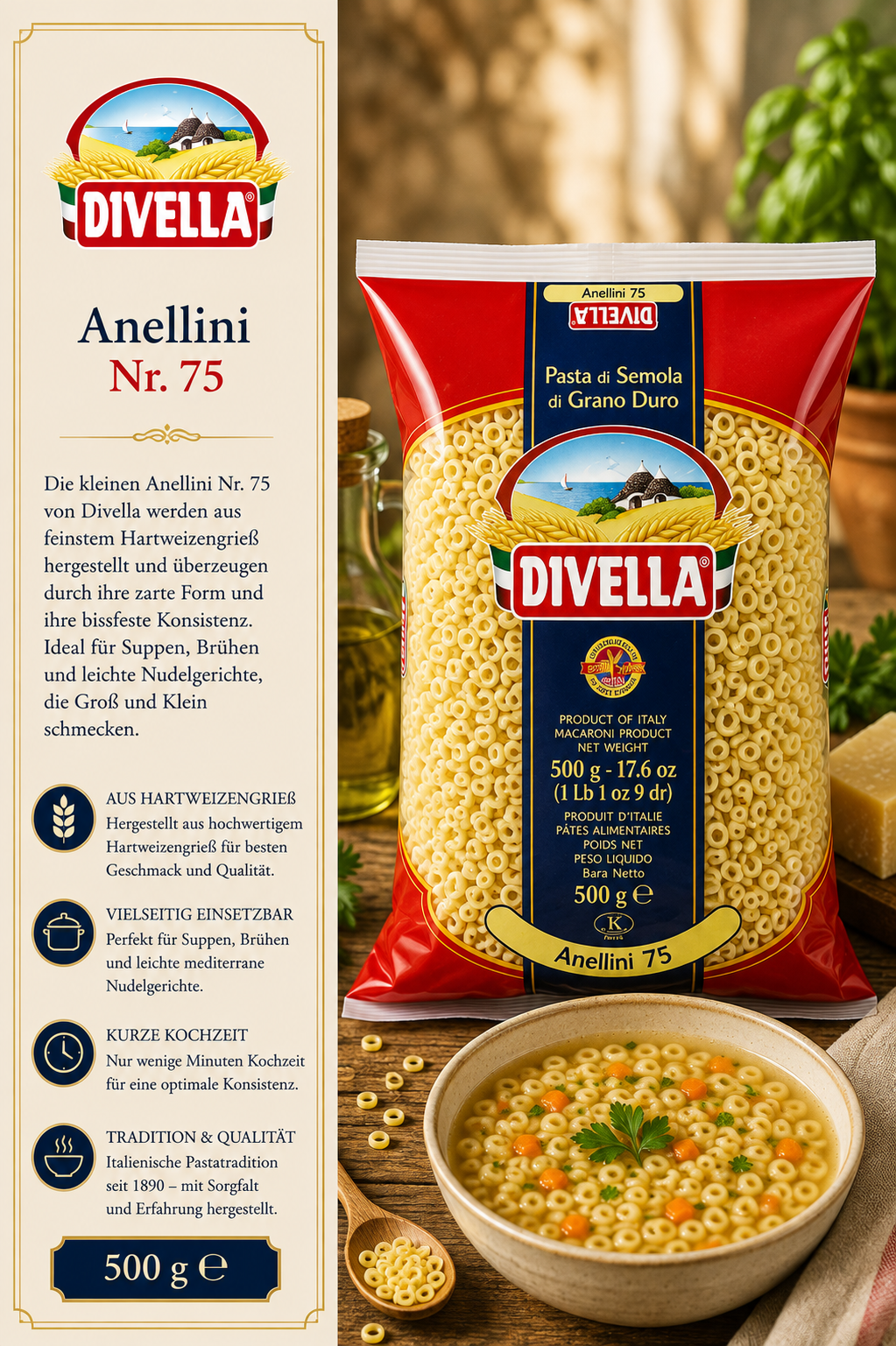 Anellini, Pasta, Risoni, 500 g, Divella, Pasta, Anellini, Divella, Hartweizen, 500 g