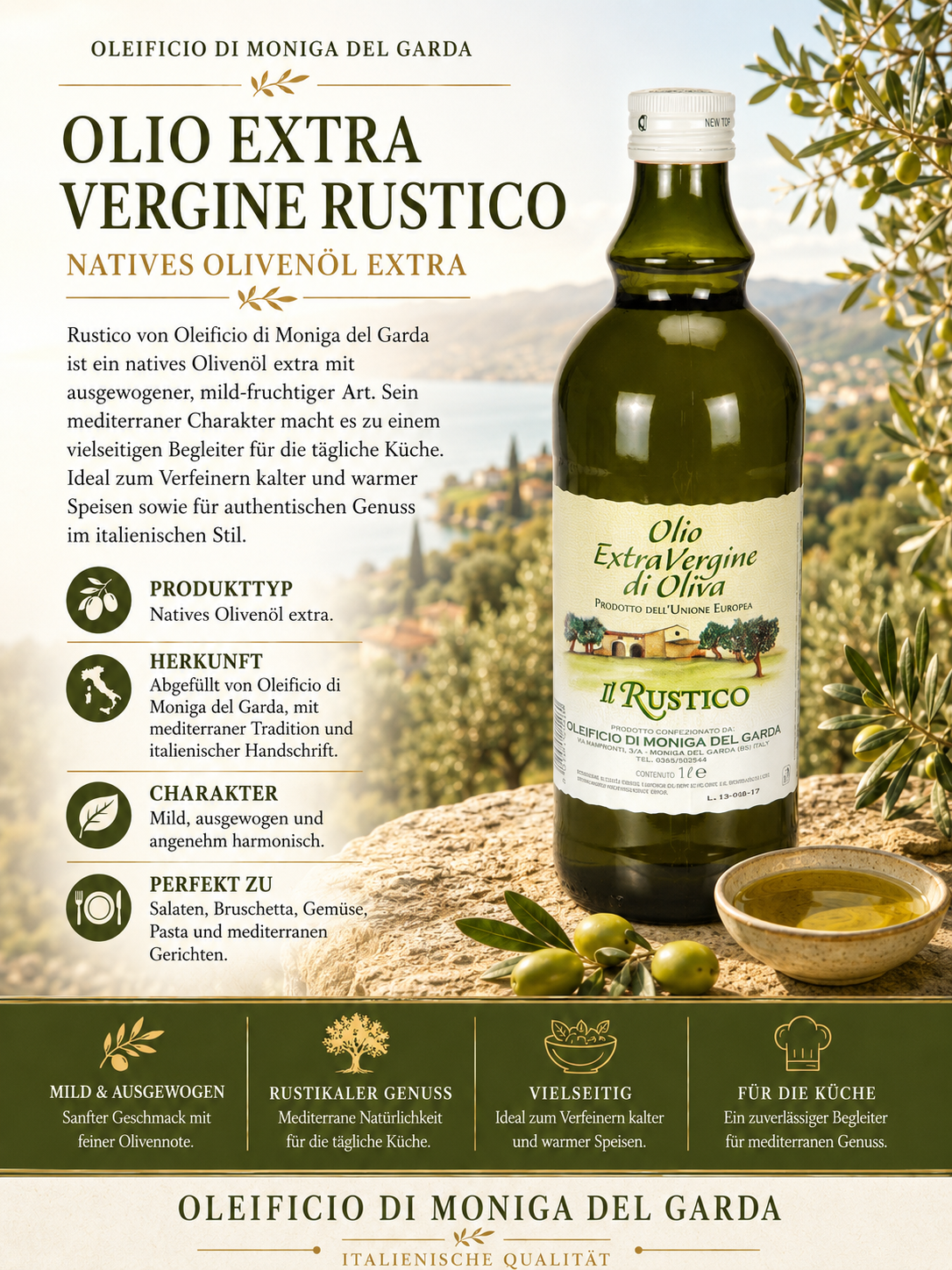 Olivenöl, Extra Vergine, Rustico, Glasflasche, Italienische Qualität