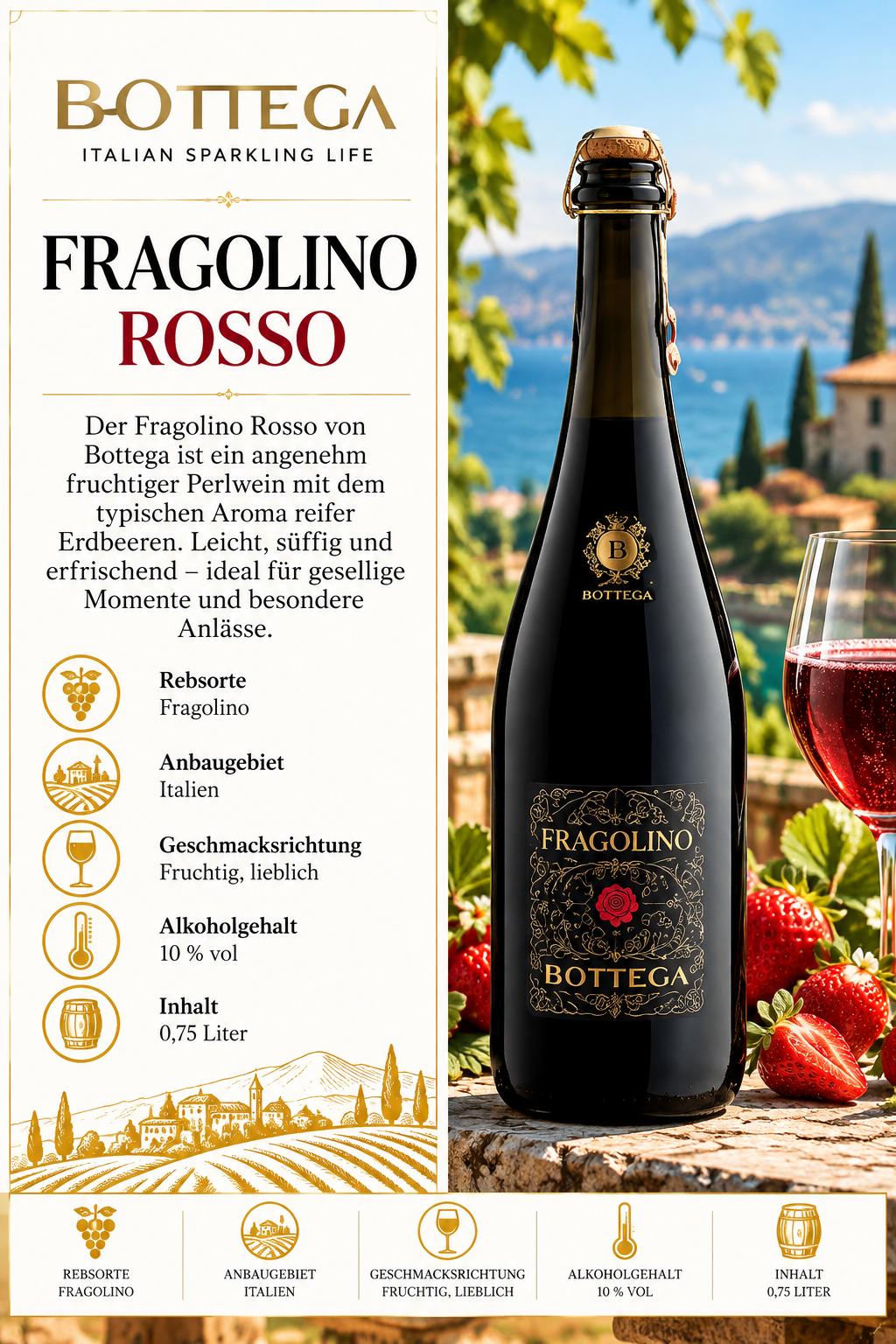 Fragolino Rosso, Sekt/Perlwein, Italienischer Wein, Alkoholgehalt 10%, Inhalt 0,75 Liter