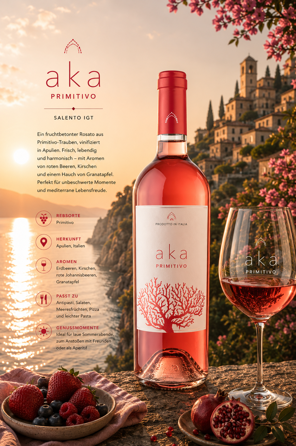 Roséwein, Primitivo, Flasche, Weinglas, Früchte