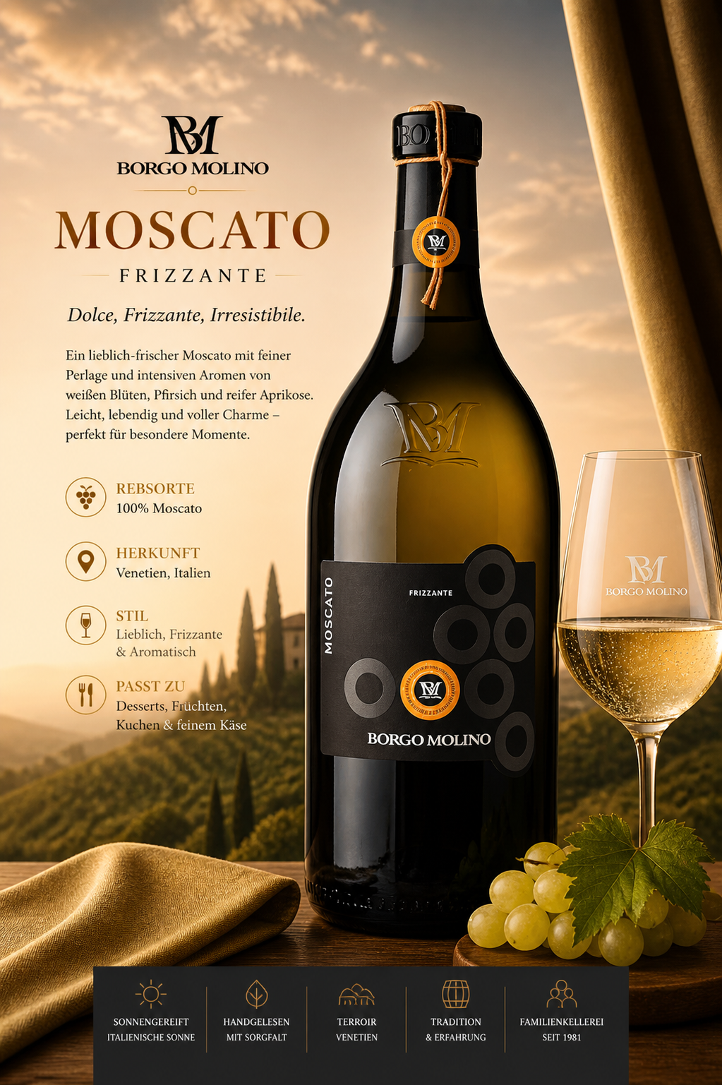 Moscato, Frizzante, Weinflasche, Weißwein, Gruppe Trauben
