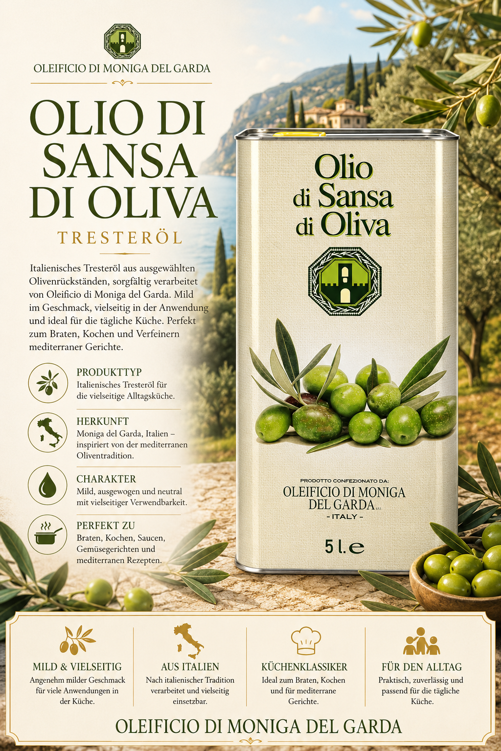 Olivenöl, Olio di Sansa di Oliva, Tresteröl, 5 L, Olivenbild