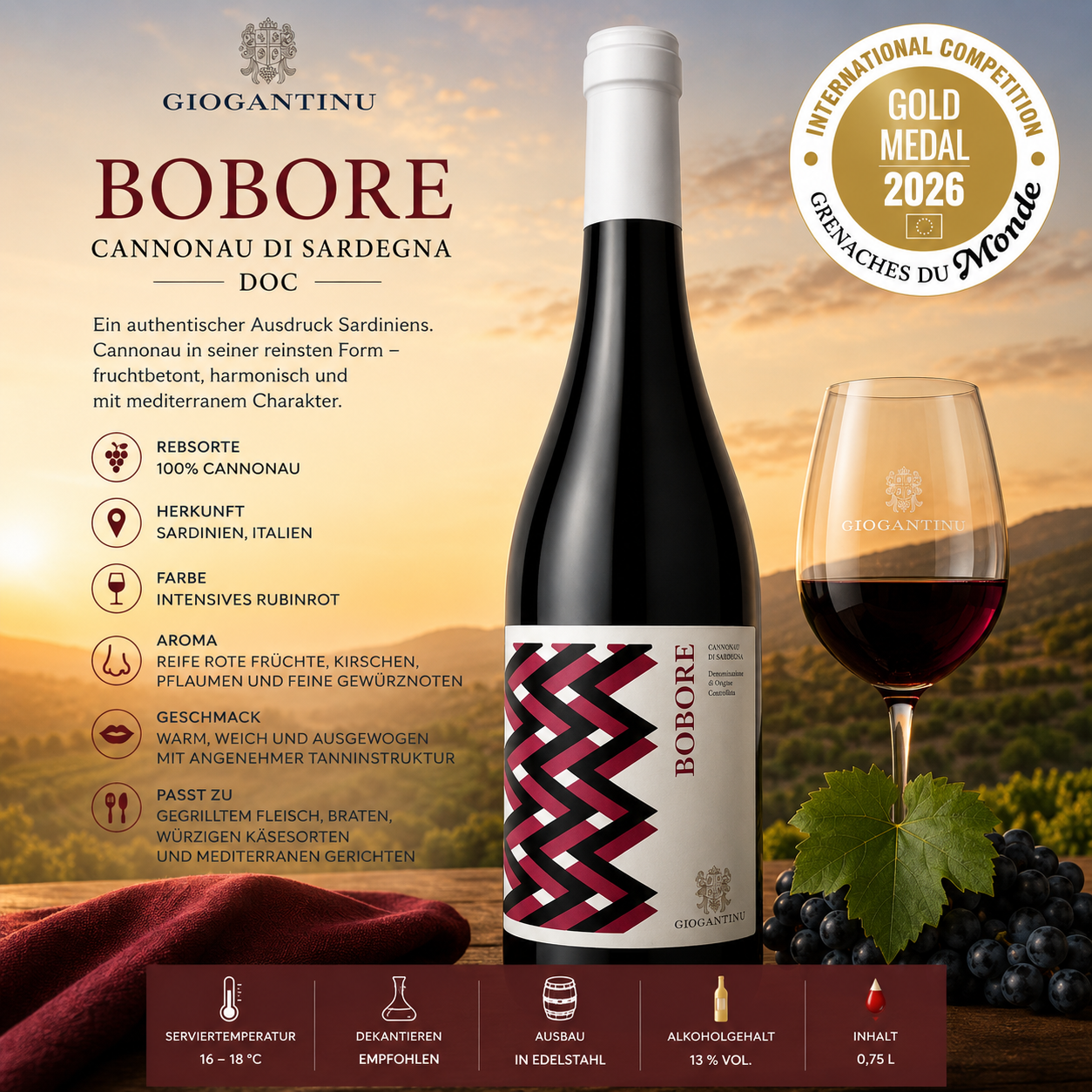 Wein, Rotwein, Cannonau, Glas, Etikett