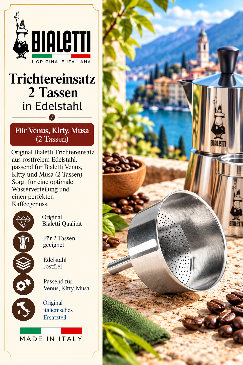 Trichter, Kaffeezubehör, Edelstahl, 2 Tassen, Made in Italy