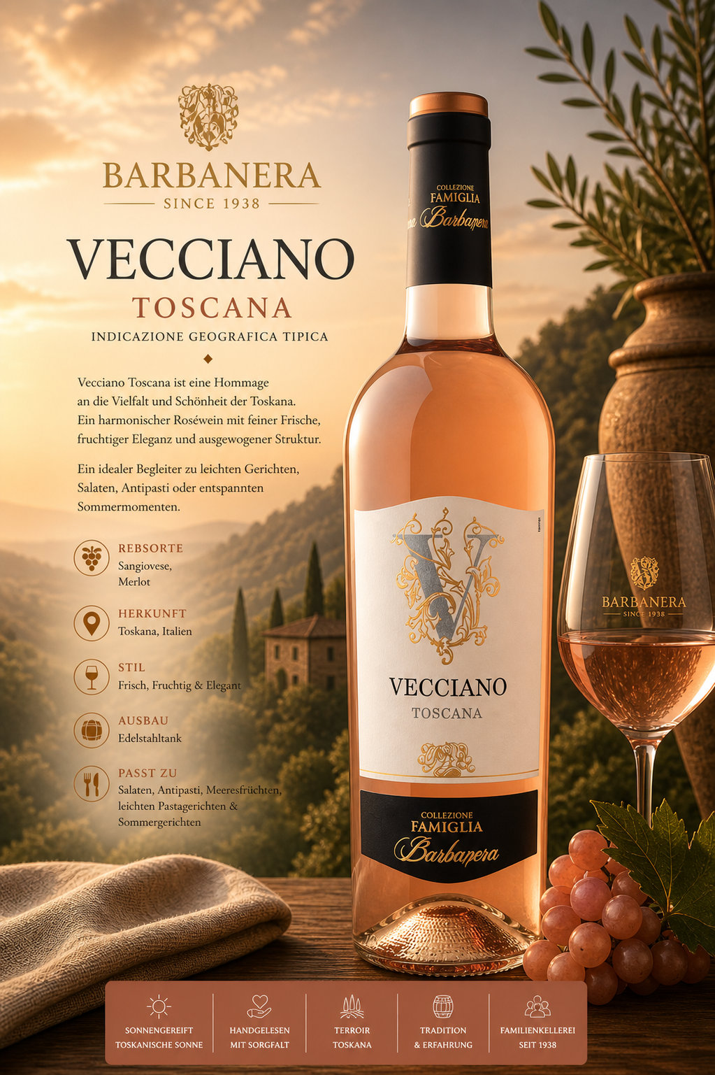 Rosé, Weinflasche, Toscana, Barbanera, Weinglas