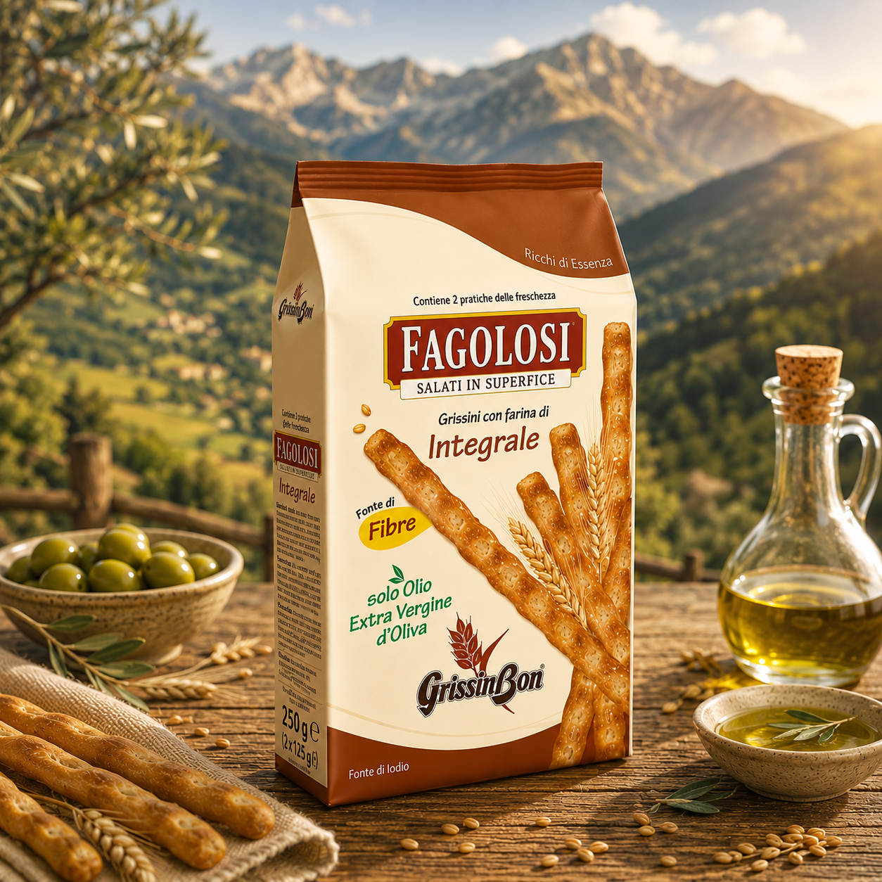 Grissini, Brotstangen, Vollkorn, Olivenöl, Fibre