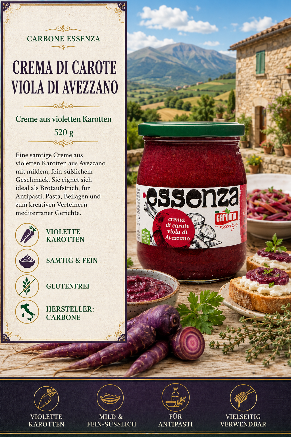 Violette Karotte, Karotte, Glas- oder Glasbehälter, Glutenfrei, Ceramoni/Glasflasche