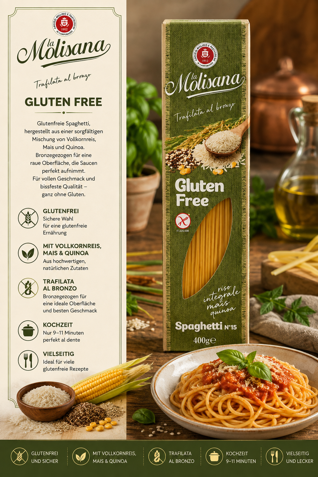 Glutenfrei, Spaghetti, Reis integral, Mais & Quinoa, Bronzogeröstet