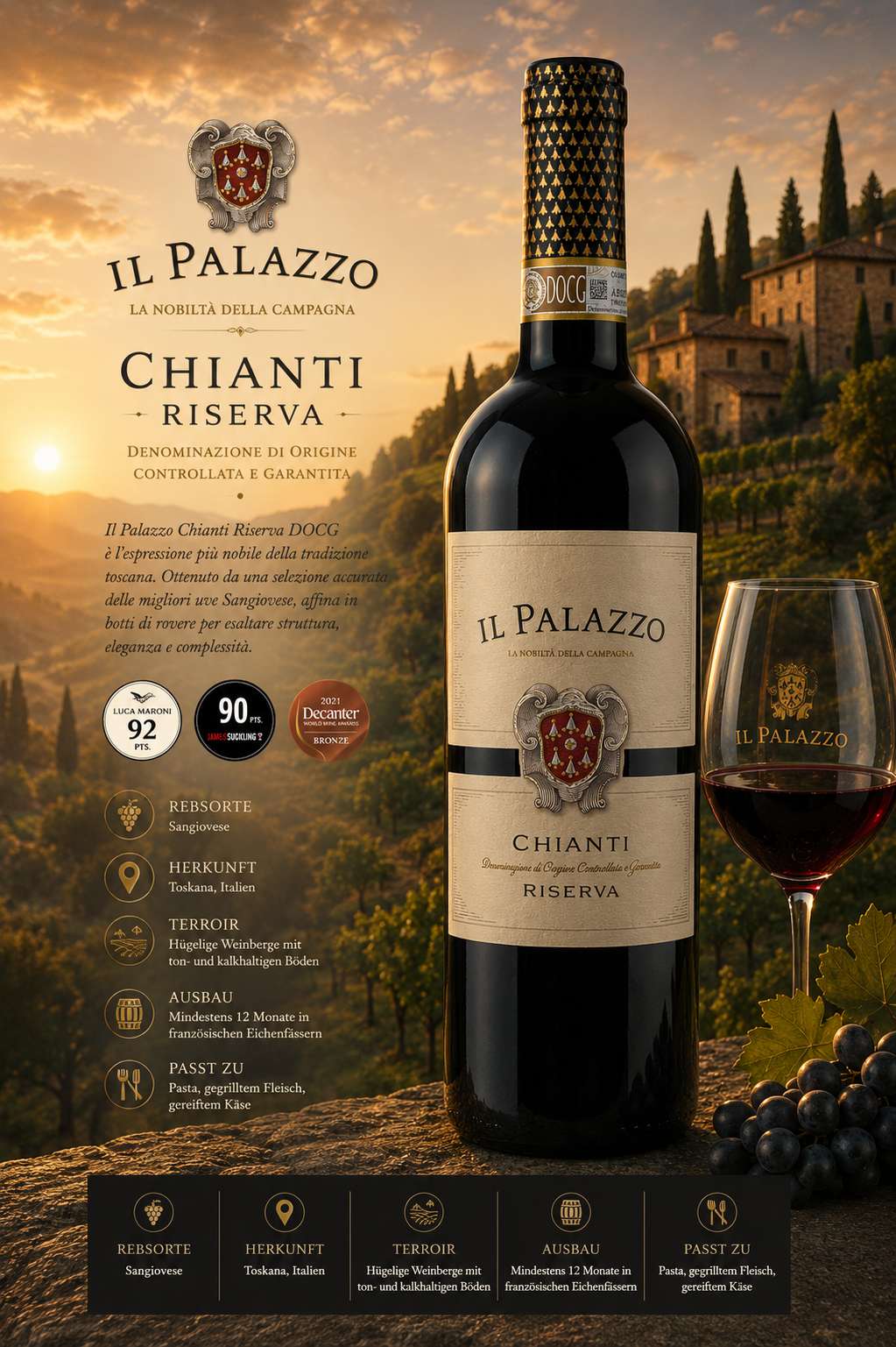 Wein, Rotwein, Chianti, Flasche, Etikett, Wein, Chianti, Riserva, Flasche, Glas