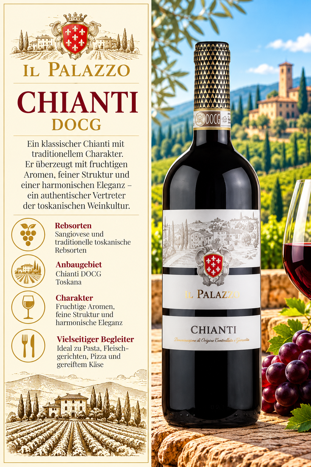 Chianti, Rotwein, Weinflasche, Trauben, Toskana