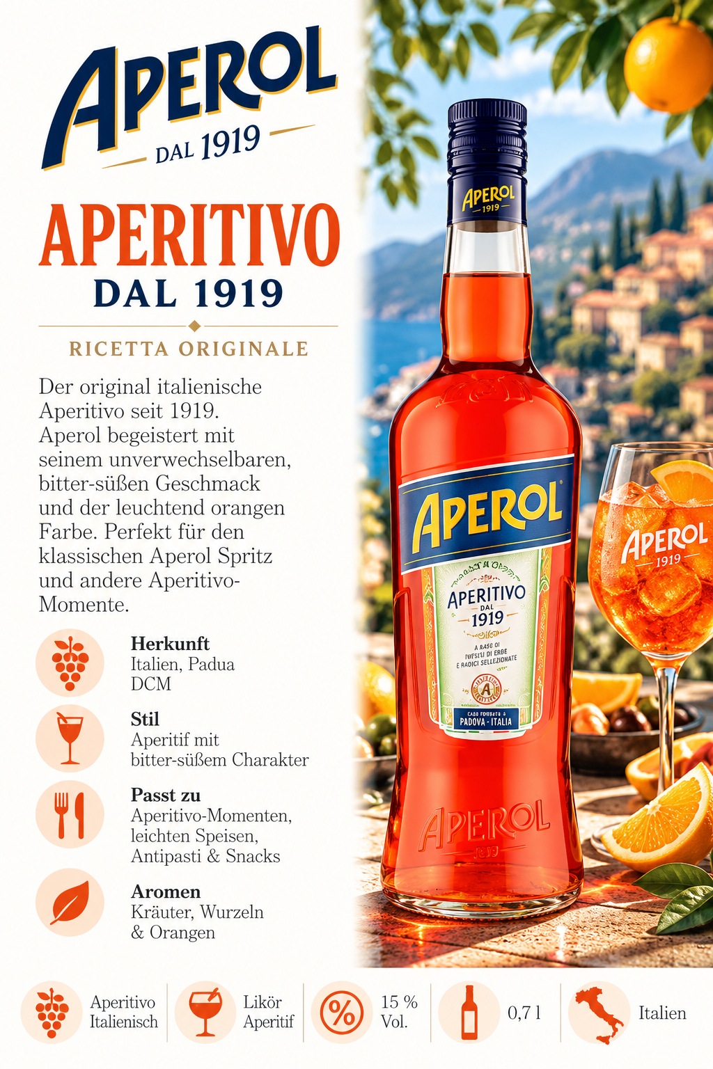 Aperitivo, Aperol, Likör, Orangenfarbe, Flasche