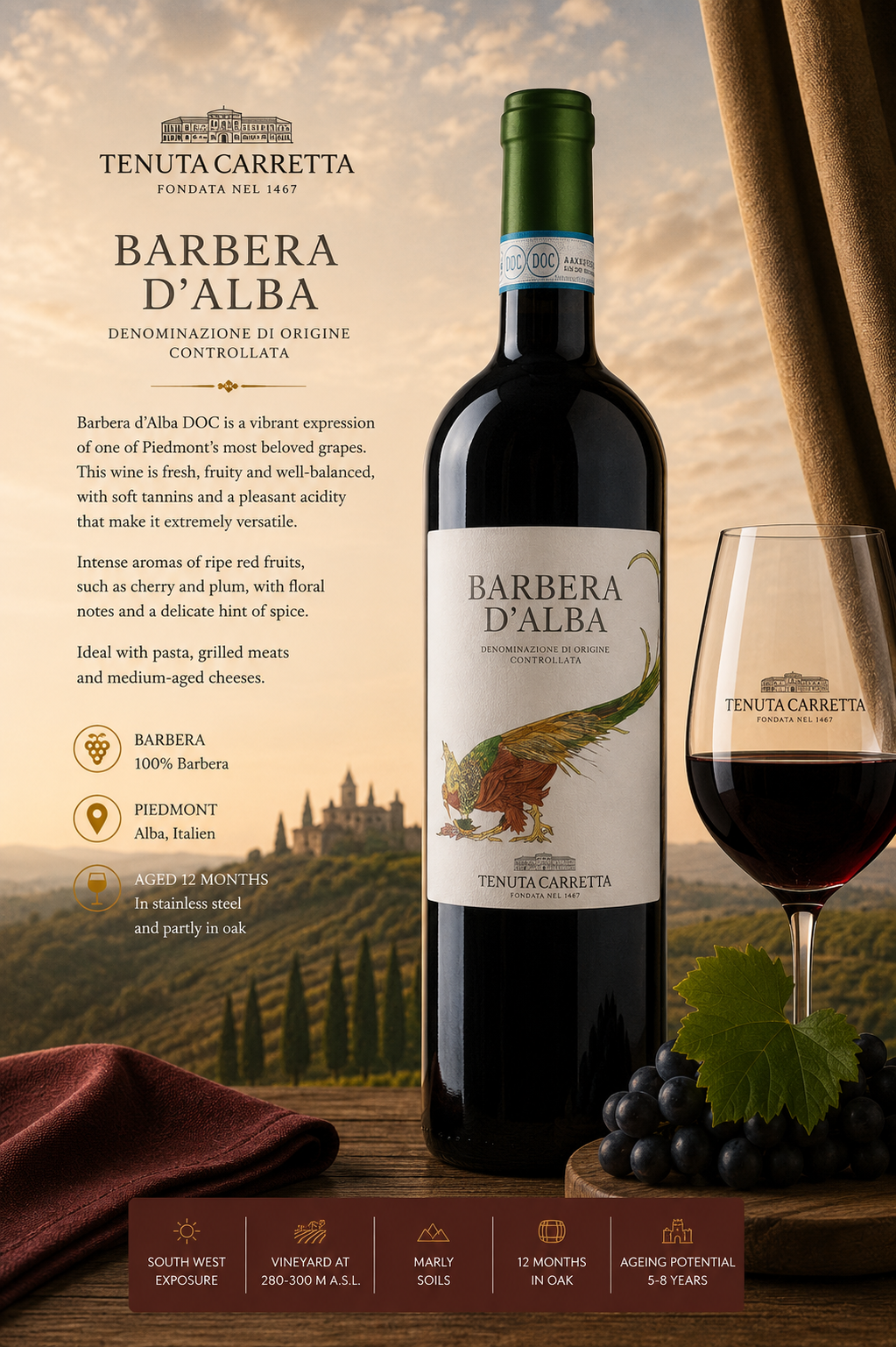 Barbera d'Alba, Rotwein, Flasche, Glaswein, Italienischer Wein