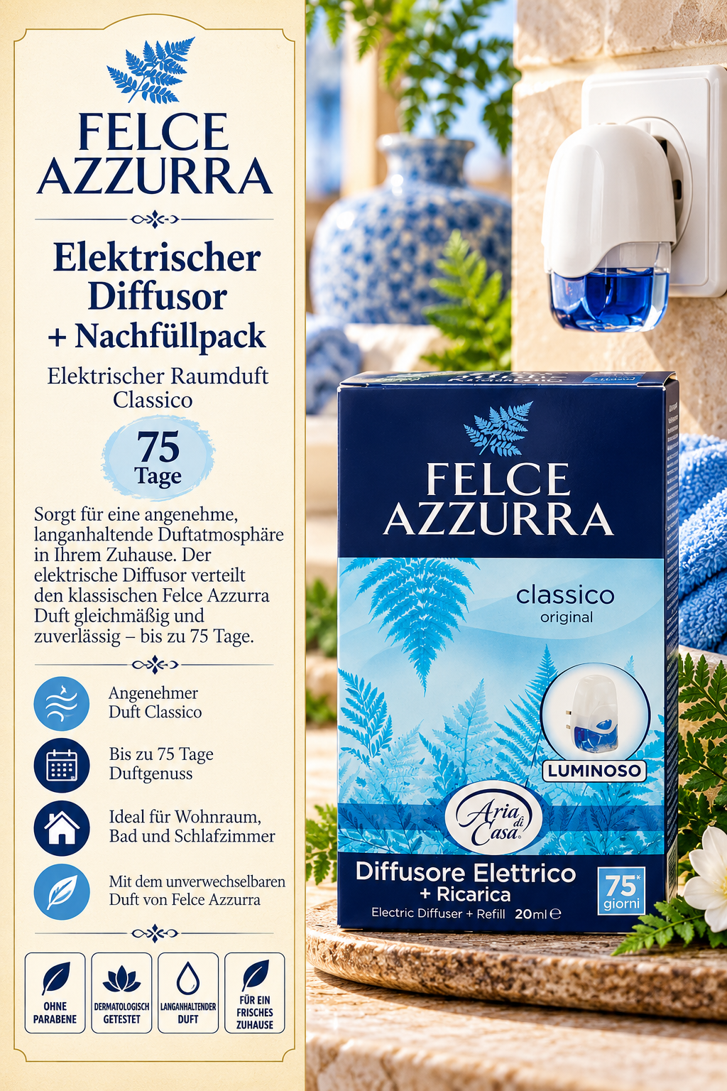 Elektrischer Diffusor für die Steckdose + Nachfullpack für Elektrischer Raumduft Classico 75 Tage/Felce Azzurra