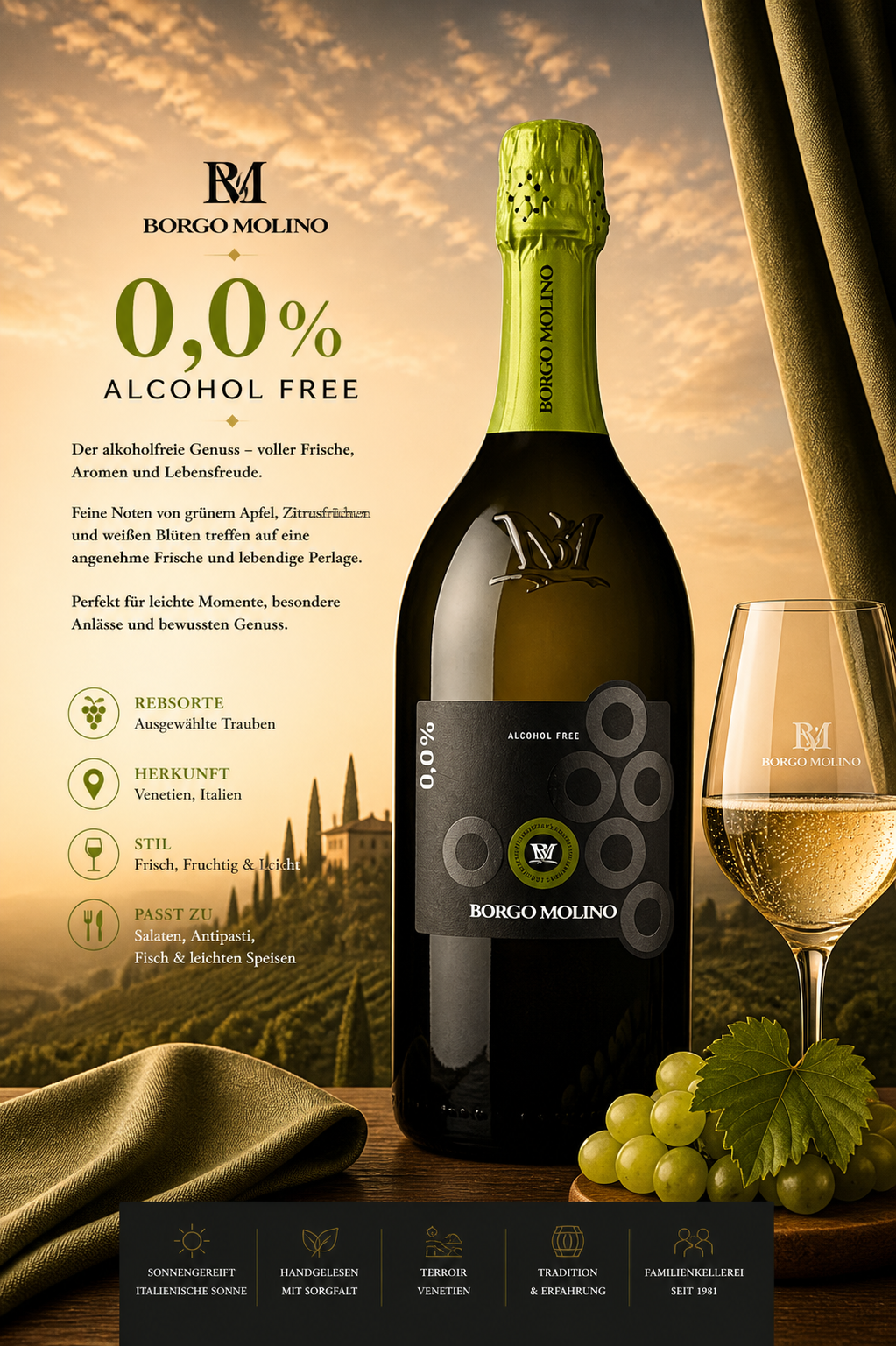 alkoholfrei, Sekt, Traube, Flasche, Glas