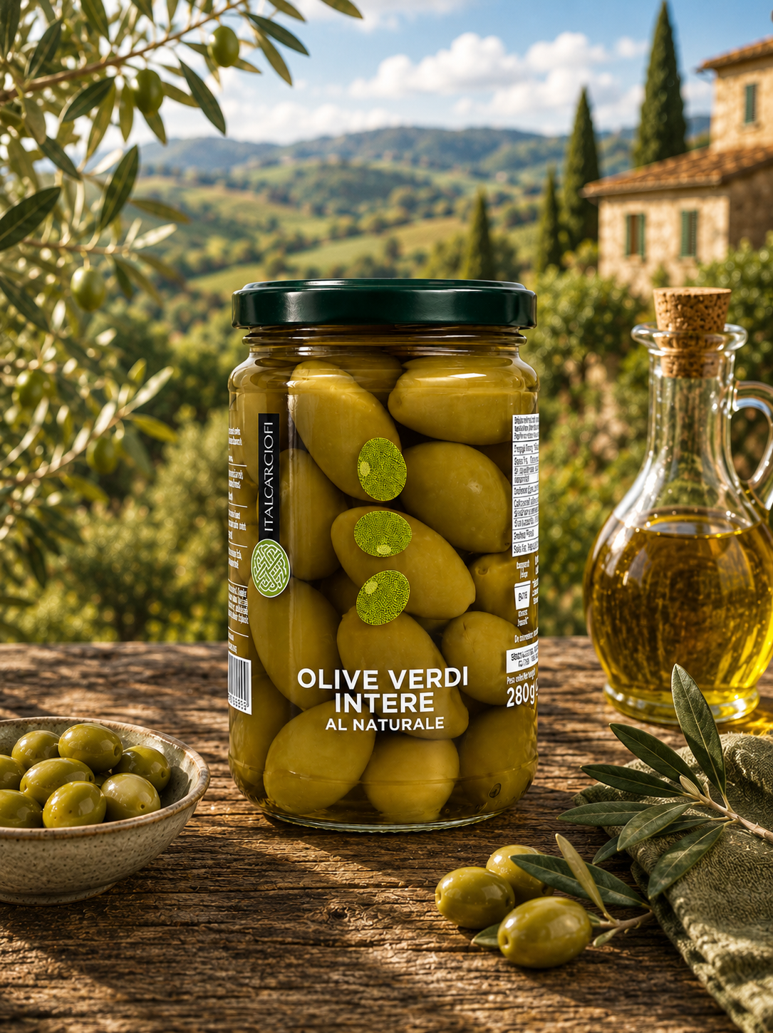 Oliven, Glas jar, Grüne Oliven, Olivenöl Flasche, Glasbehälter
