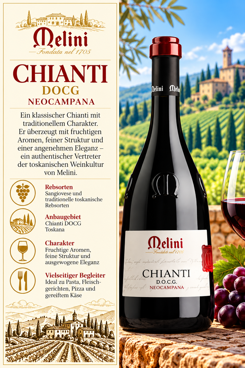 Chianti, Weinflasche, Rotwein, Neocampana, Glasunterteilung