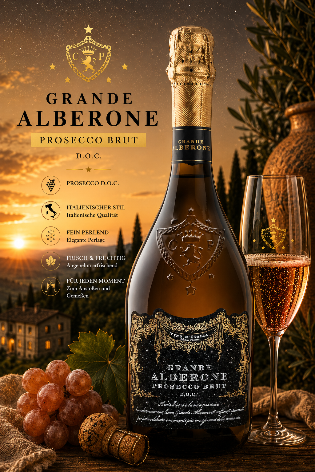 Sekt, Prosecco, Flasche, Glas, Etikett