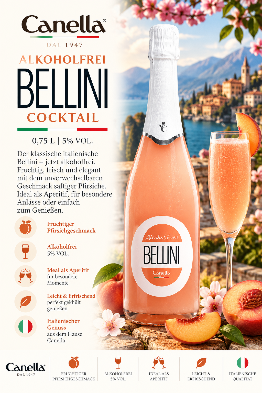 Cocktail, Alcoholfrei, Bellini, Pfirsich, Schaumwein