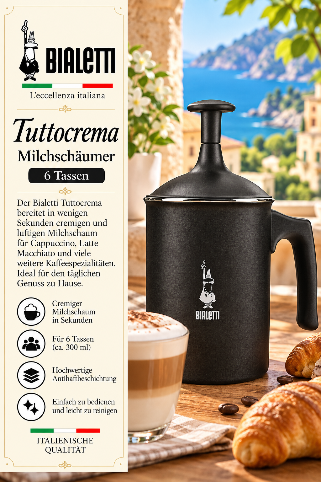 Milchschaumtopf, Milchkaffee, Tuttocrema, Kaffeekanne, 6 Tassen