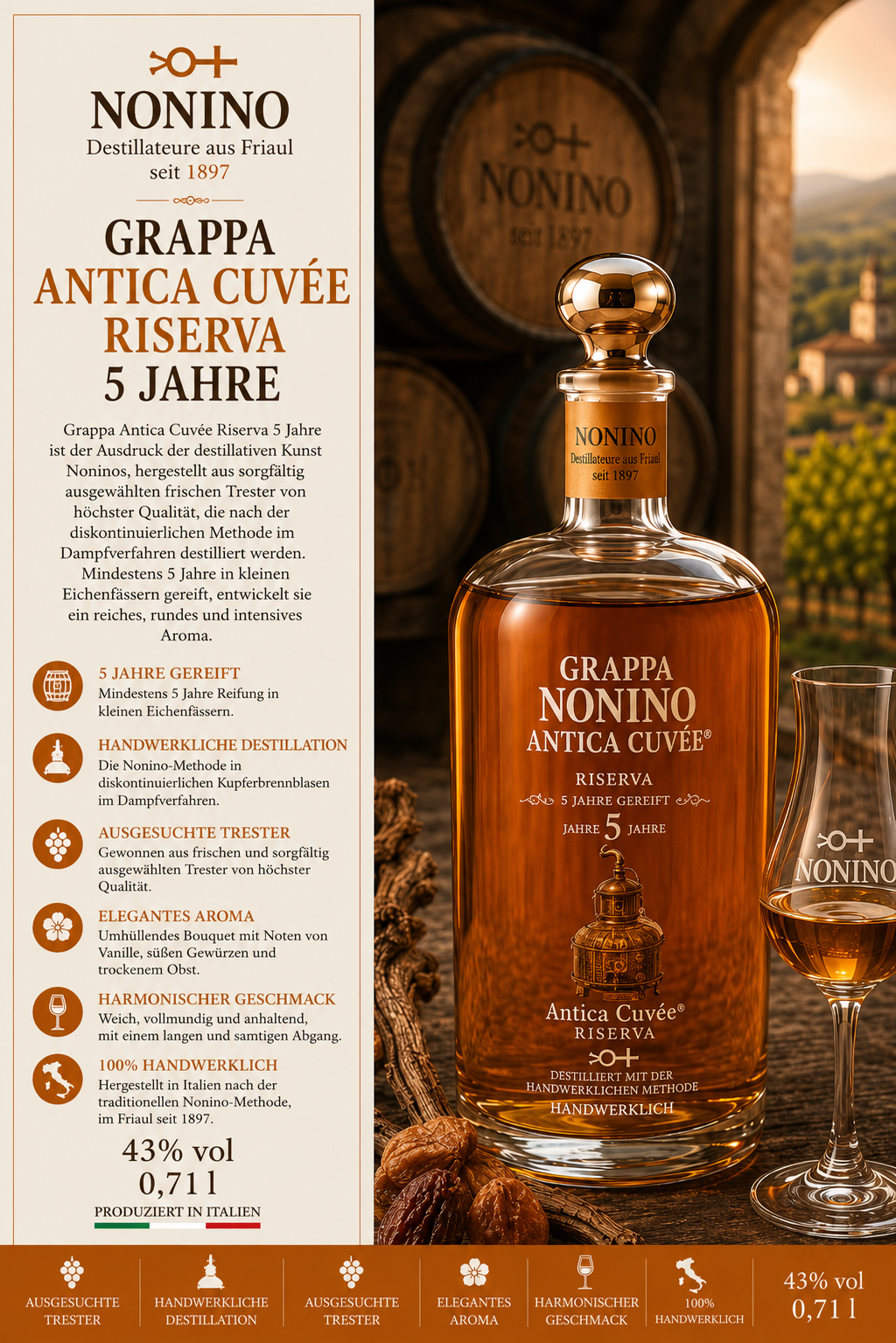 Grappa, Antica Cuvée, Riserva, 5 Jahre, Glasflasche