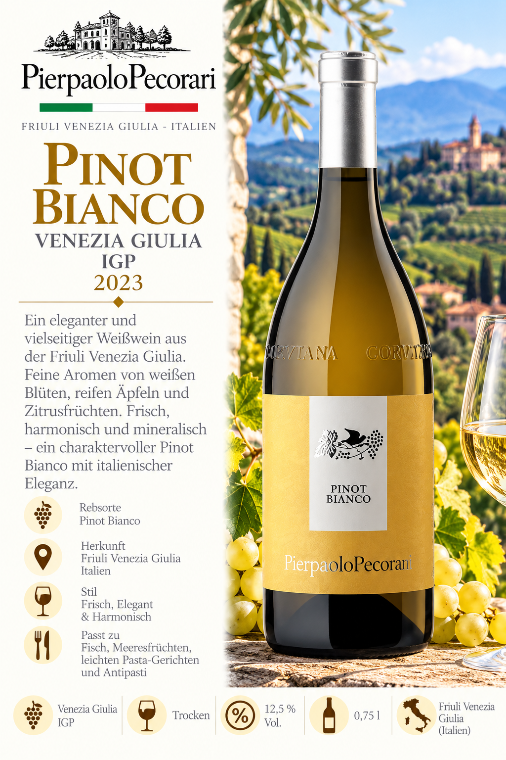 Weißwein, Pinot Bianco, Flasche Wein, Italien, VeneziaGiulia