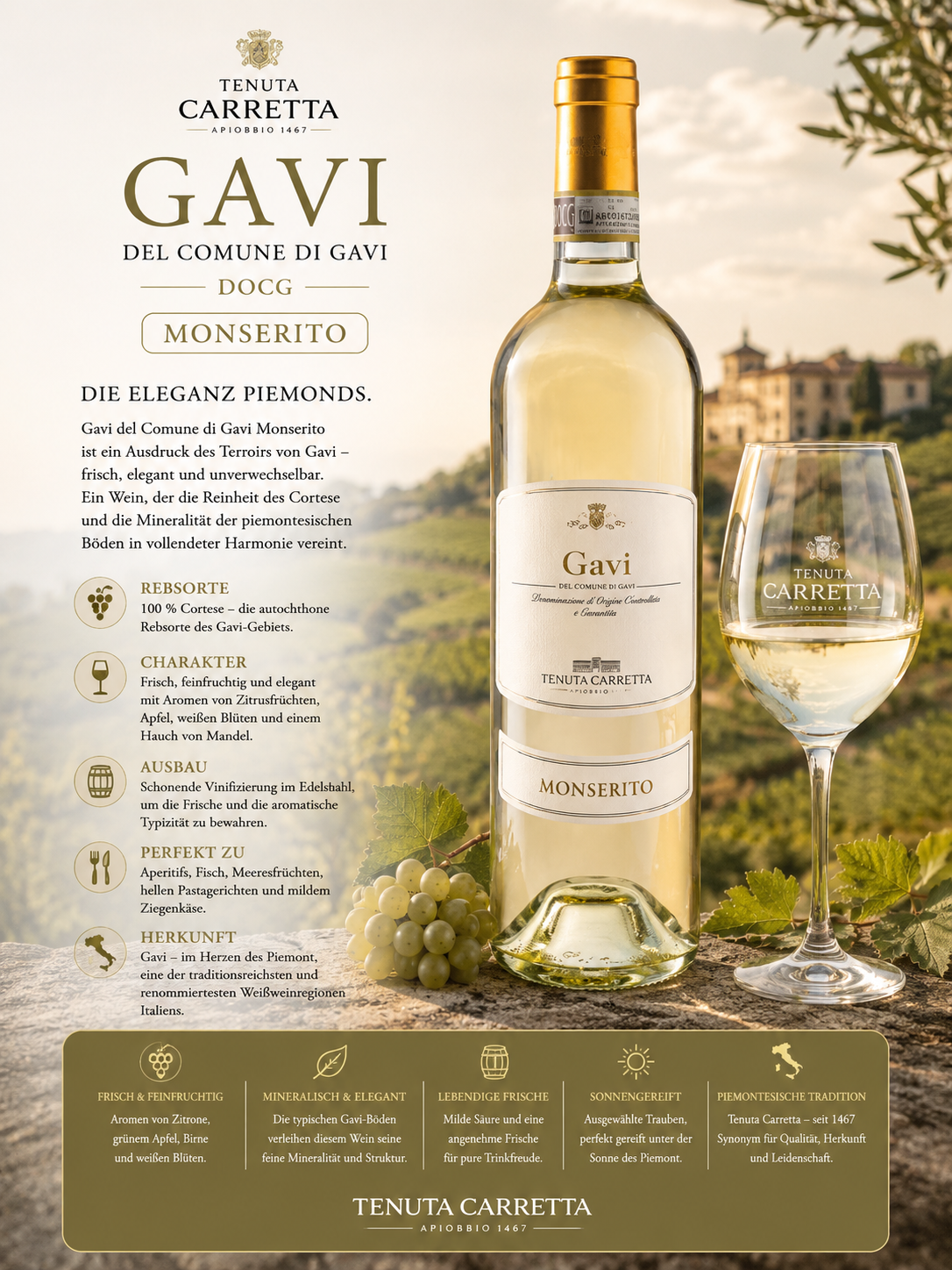 Weißwein, Monserito, Gavi, Italien, Weinflasche