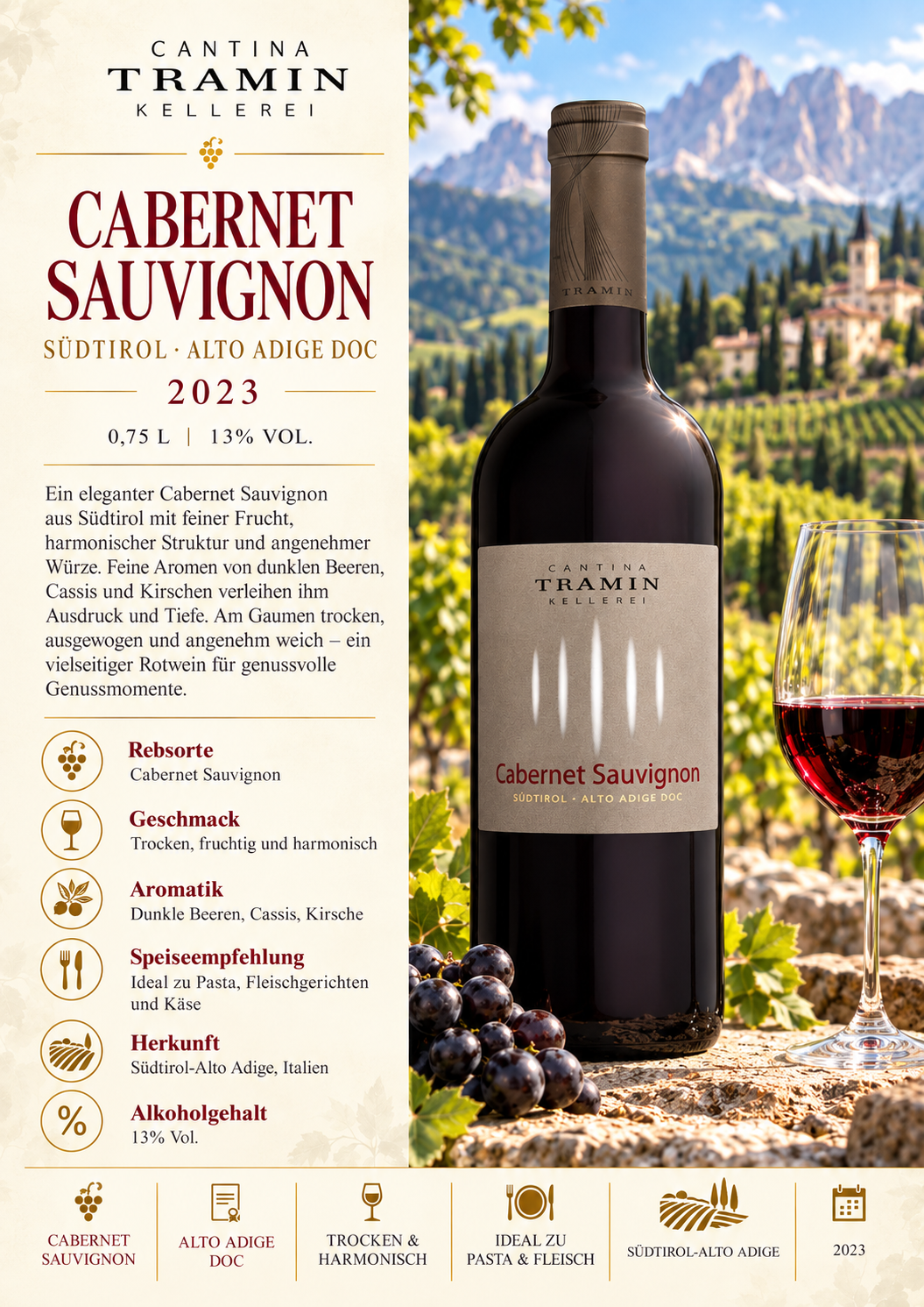 Cabernet Sauvignon, Weinflasche, Rotwein, Kunststoffetikett, Glaswein