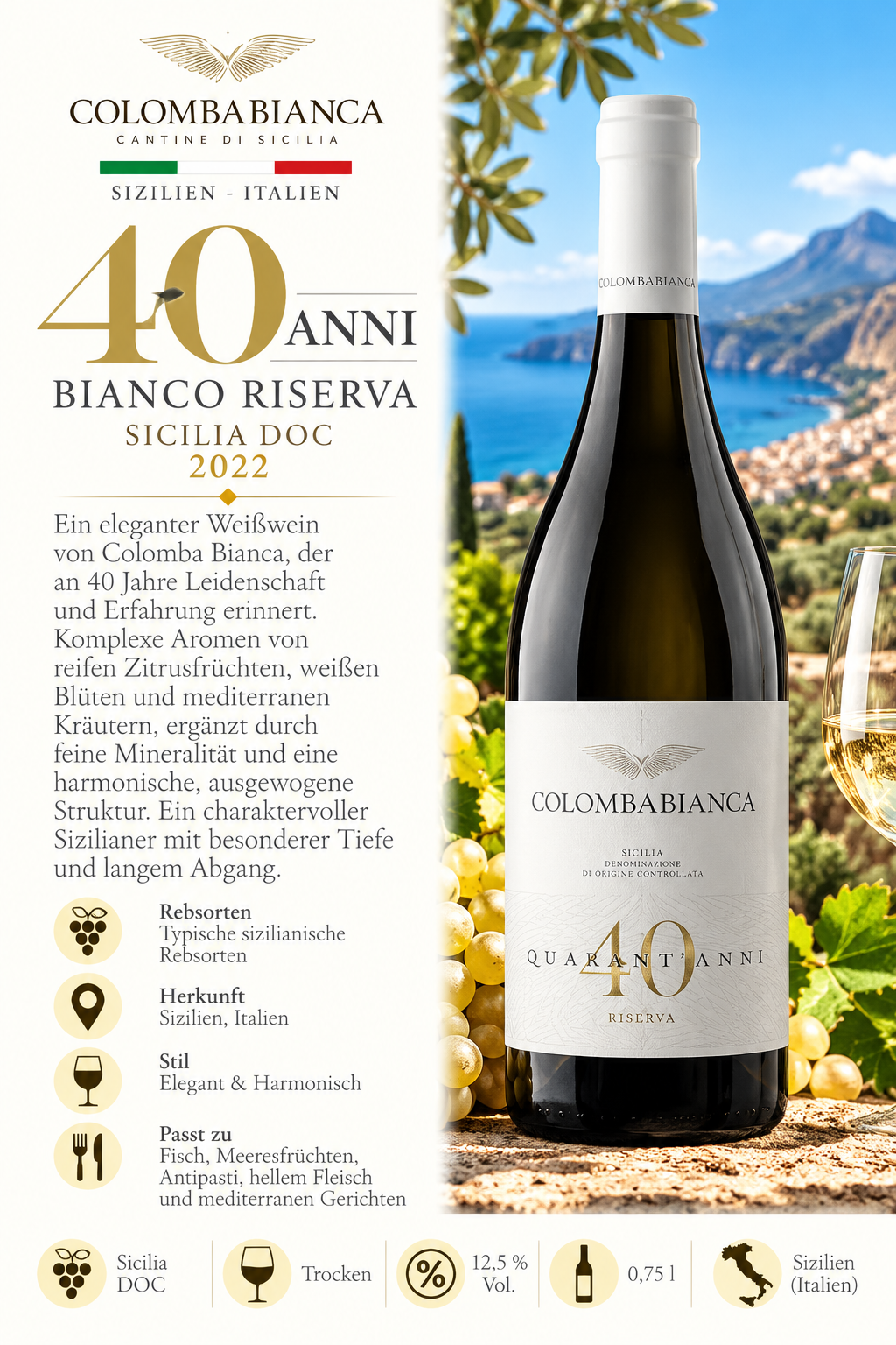 Weißwein, Bianco Riserva, Sizilien, Sicilia Doc, 40anni