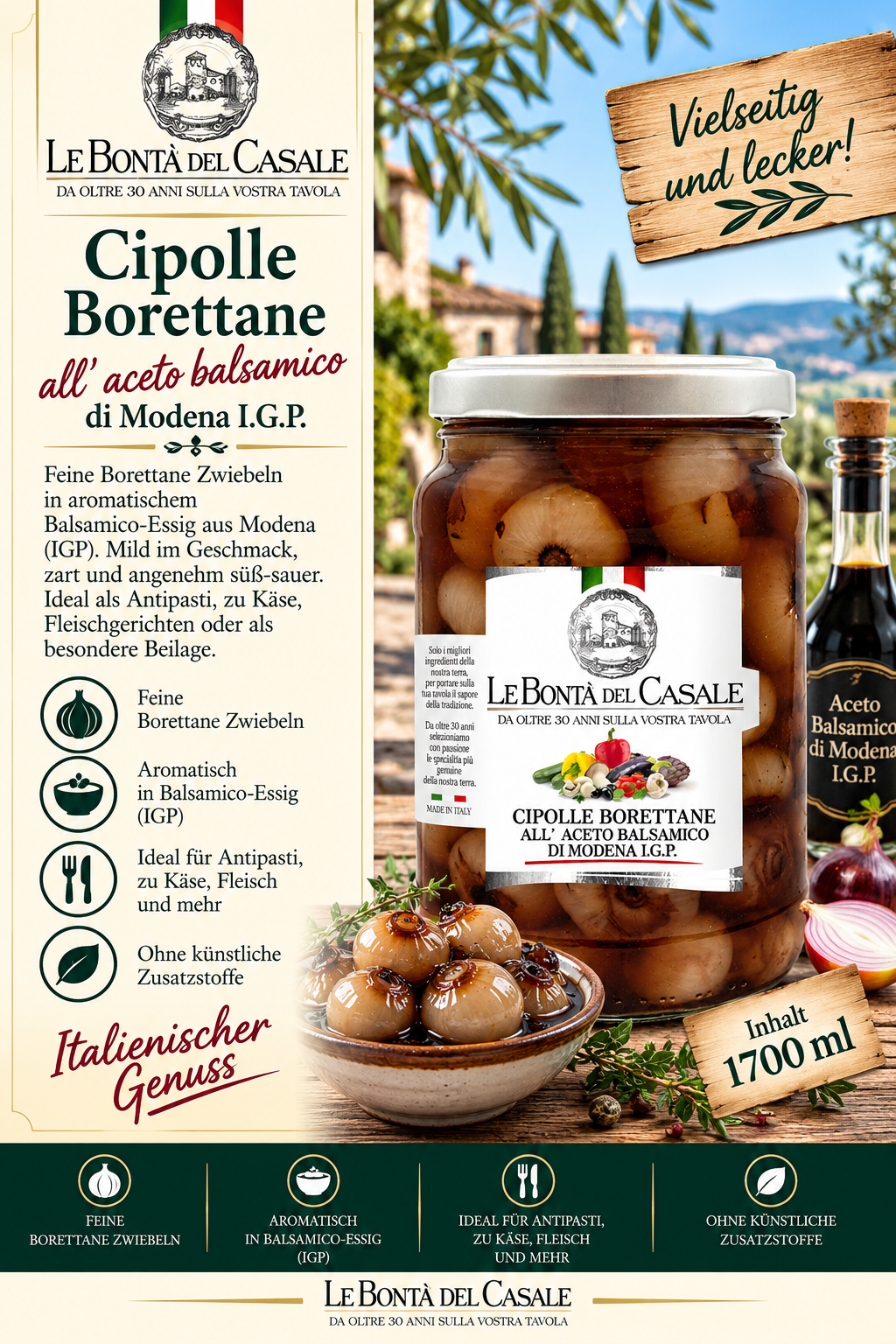 Cipolle Borettane, Borettane-Zwiebeln, Balsamico-Essig (IGP), Glas jar, 1700 ml