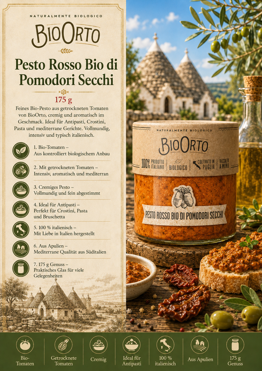 Pesto, Pesto Rosso, Bioprodukt, Tomatenpesto, Glasbehälter