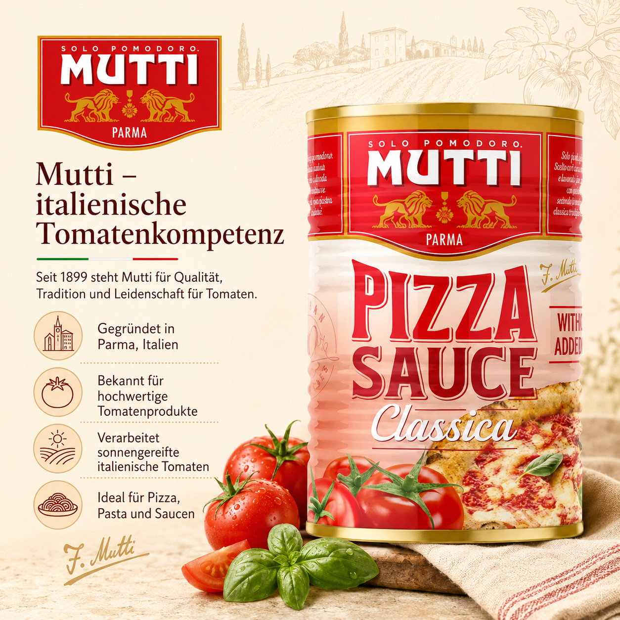 Pizzasoße, Tomatenprodukt, italienische Soße, Dose, Produktverpackung