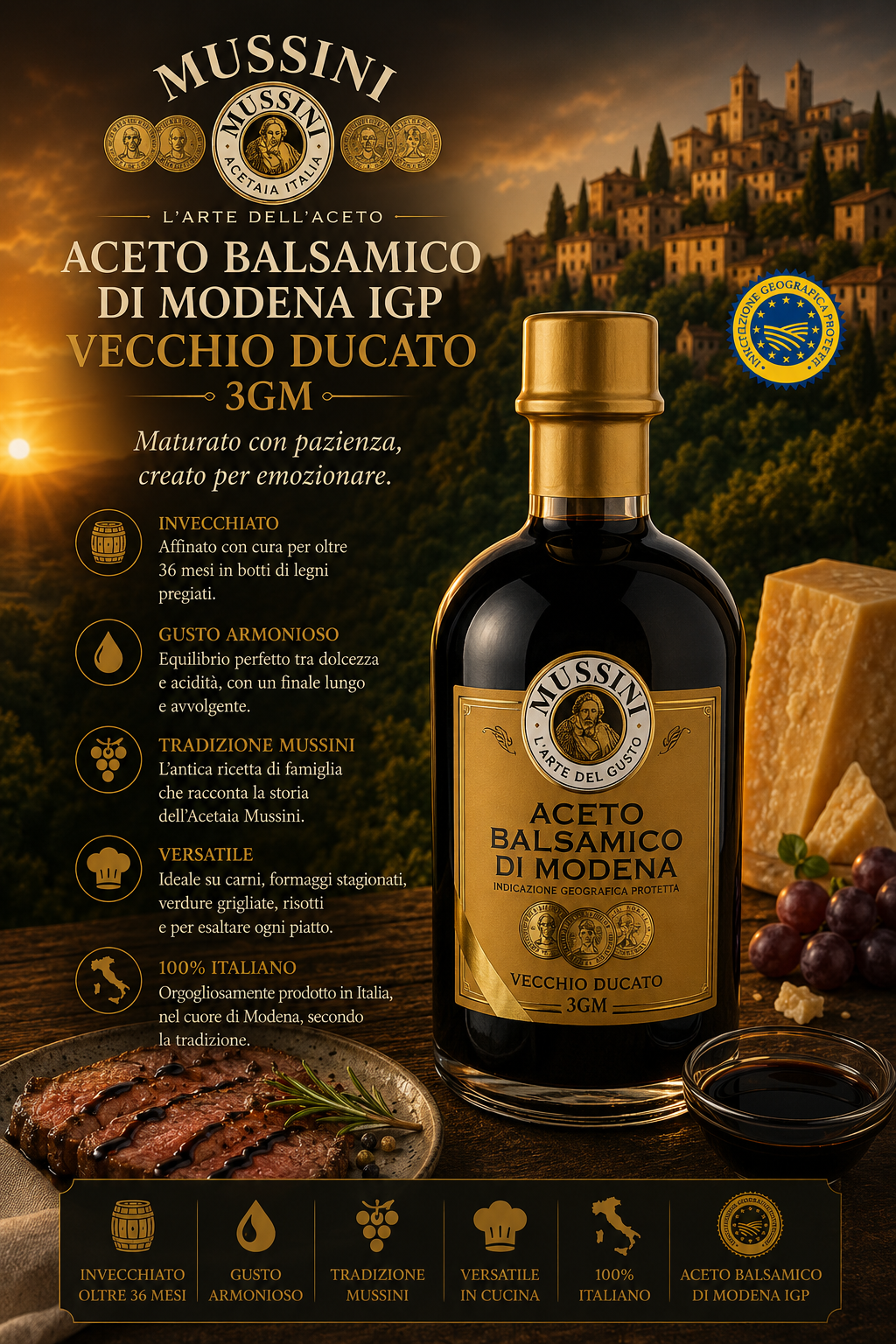 Aceto balsamico, Vinagre, Balsamico, Mussini, Flasche