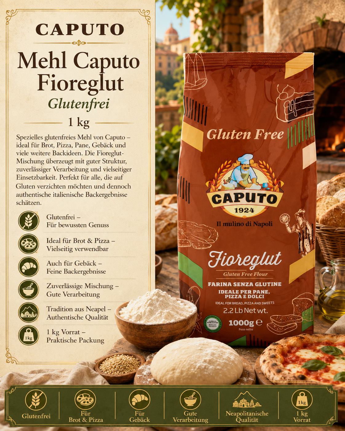 Glutenfrei, Mehl, Pizza & Brot, Backmischung, 1000 g Net wt