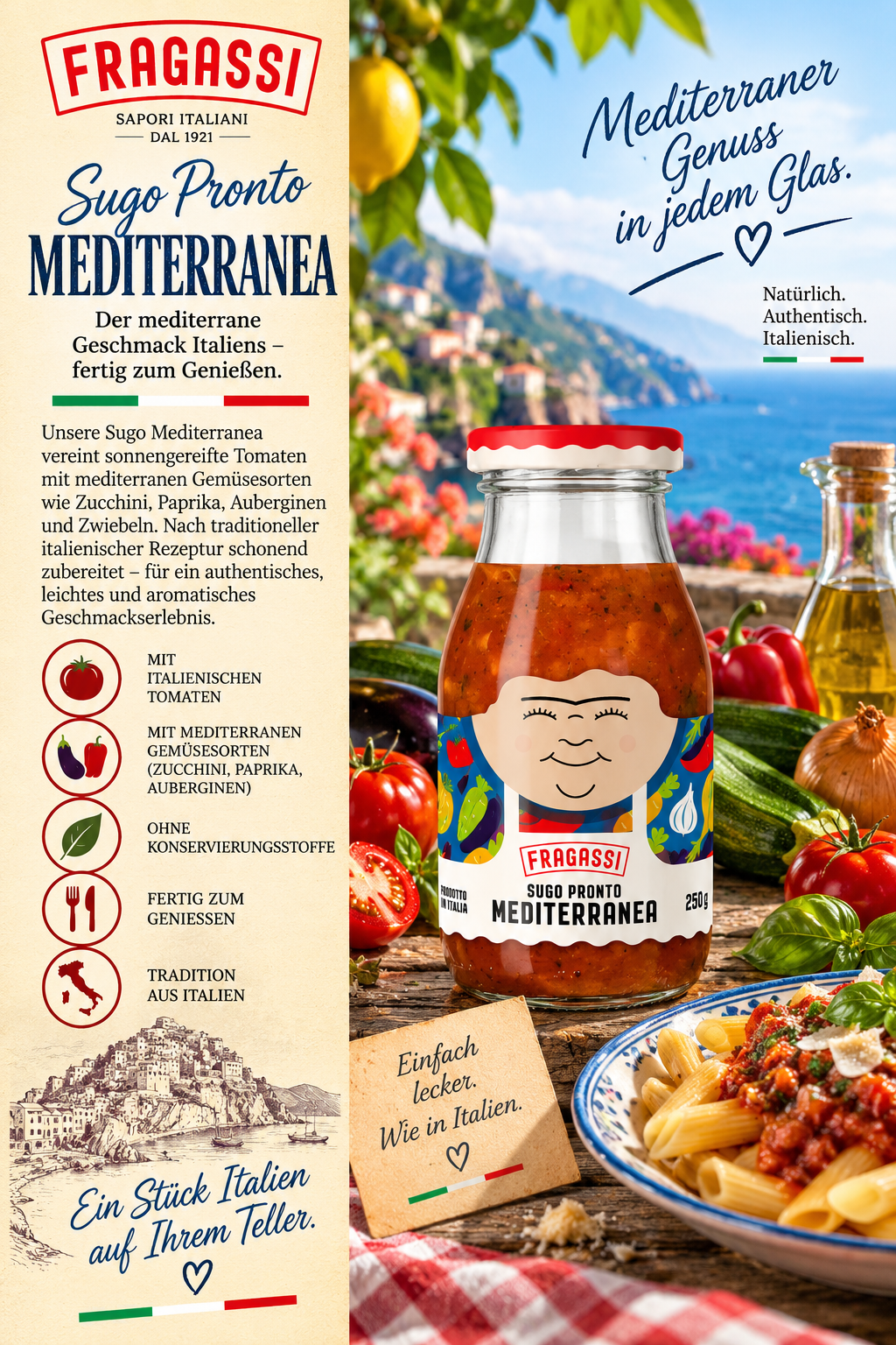 Mediterraner Sugo, Tomatensauce, Glasbehälter, Rotbraun, italienisch