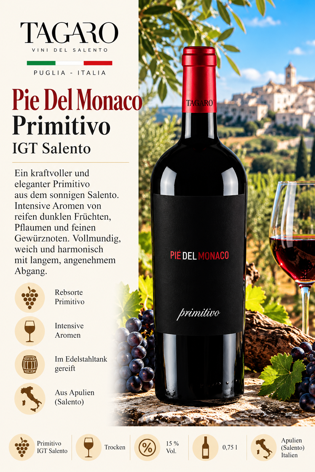 Rotwein, Primitivo, IGT Salento, Italienischer Wein, Weinflasche
