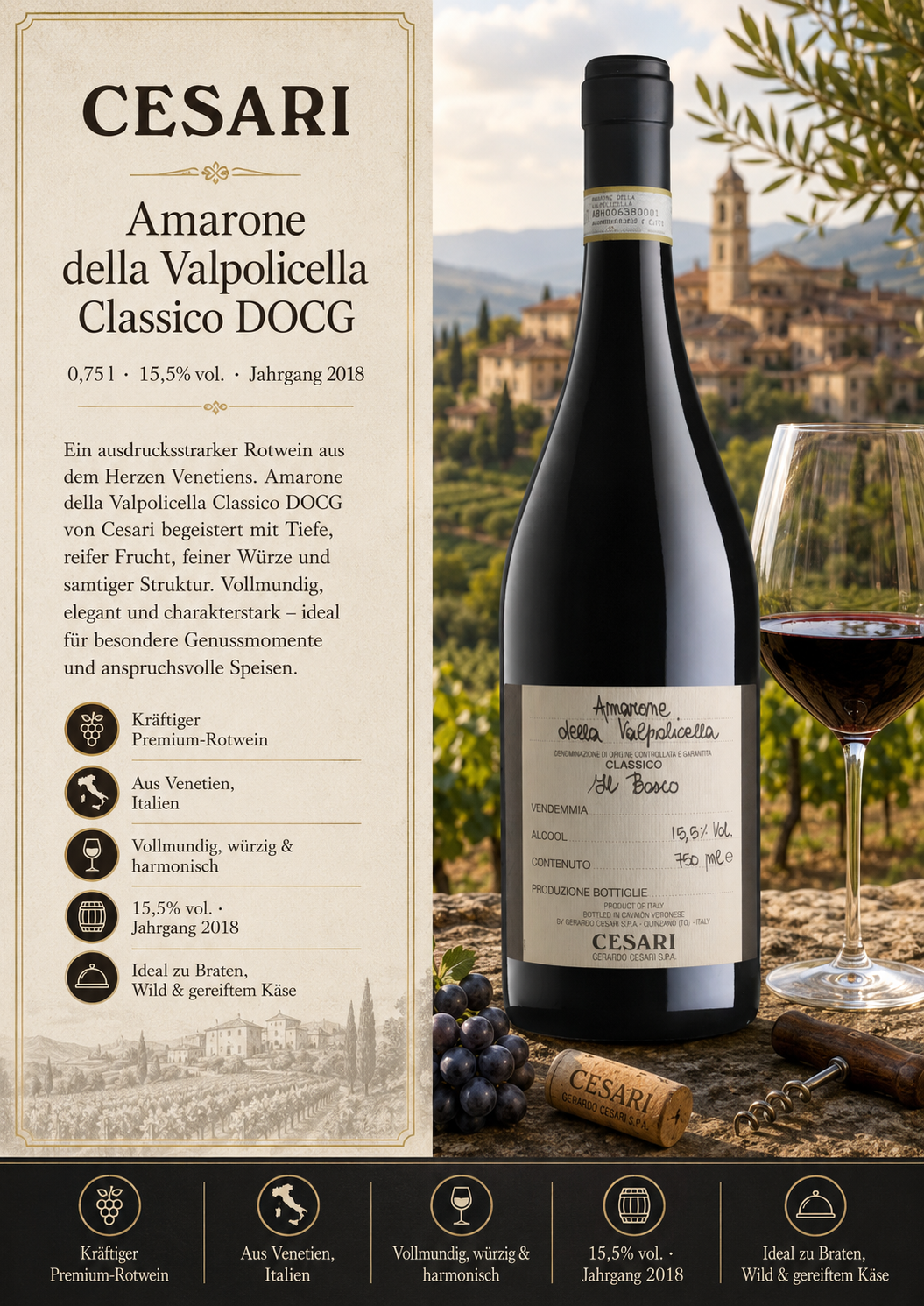 Rotwein, Amarone, Valpolicella, italienische-Weinflasche, Jahrgang-2018
