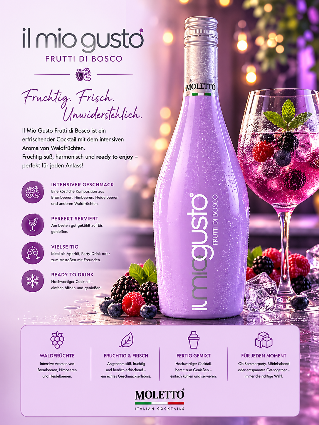 glasflasche, lila flasche, beeren, cocktail, moletto flasche