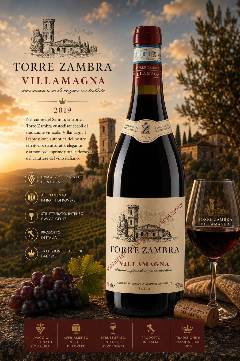 Rotwein, Weinflasche, Villamagna, Torres Zambra, Flasche mit Korken, Wein, Rotwein, Villamagna, Torre Zambra, 2019